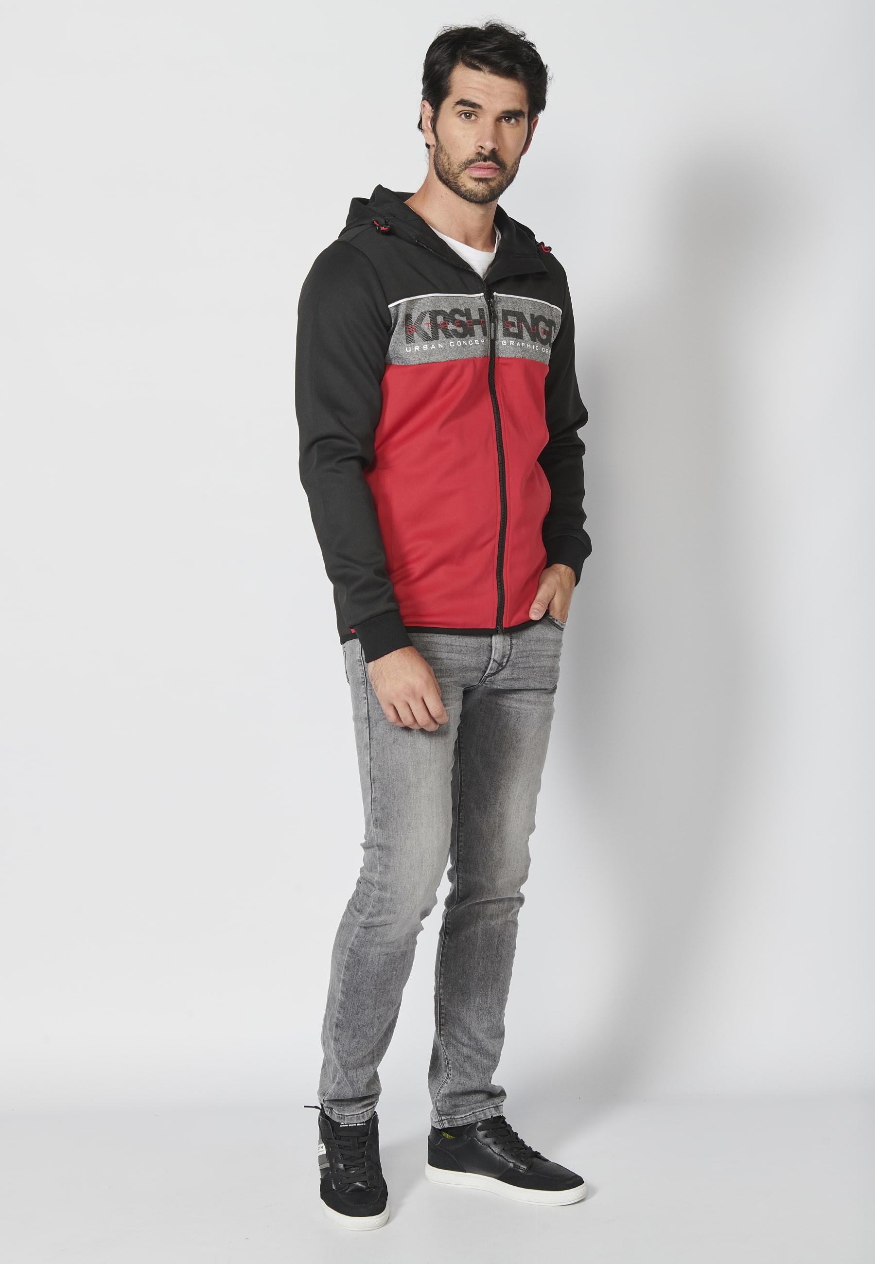 Chaqueta sudadera manga larga con capucha ajustable y franja en el pecho con letras de marca color rojo para hombre | Ropa Casual