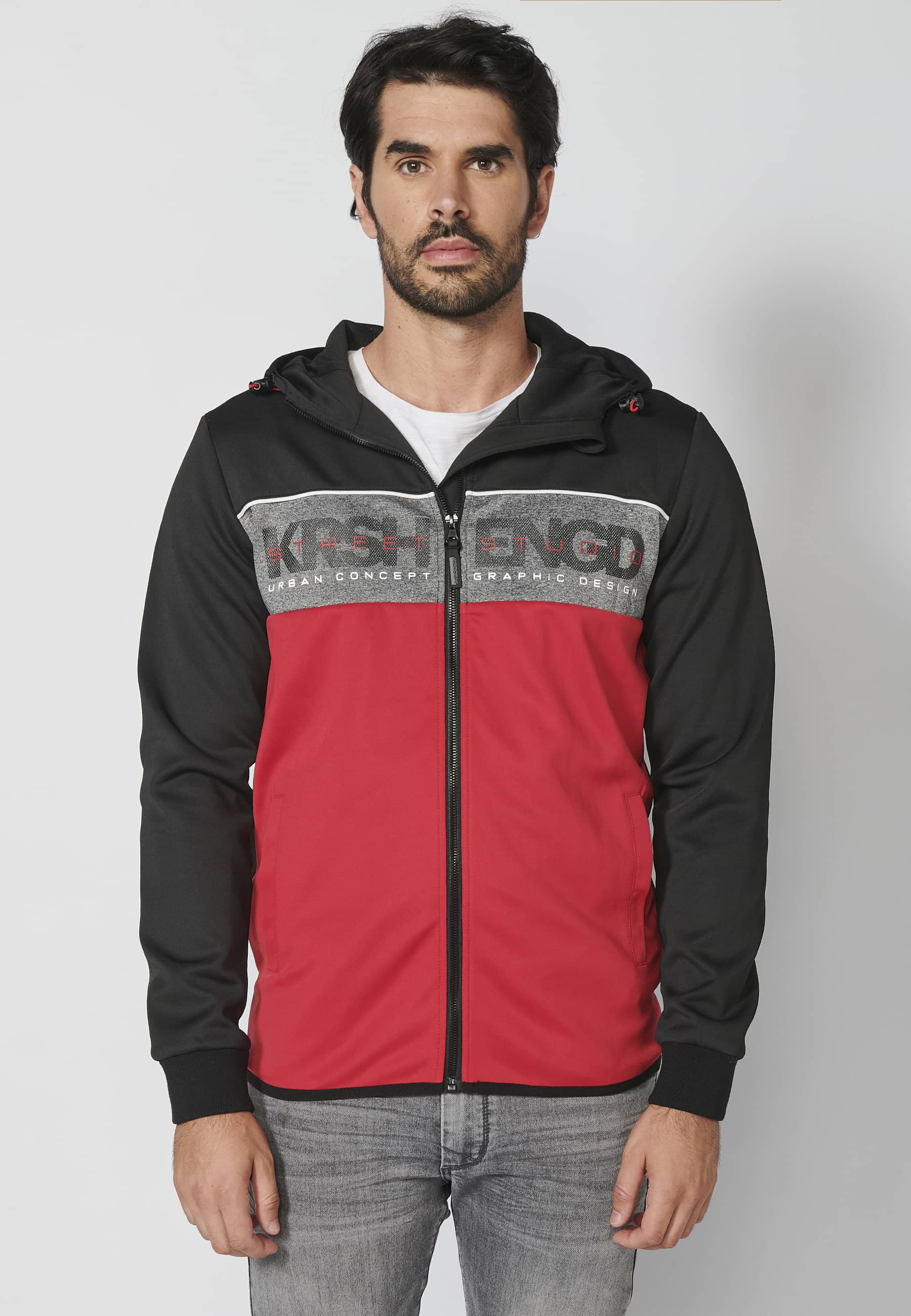 Chaqueta sudadera manga larga con capucha ajustable y franja en el pecho con letras de marca color rojo para hombre | Ropa Casual
