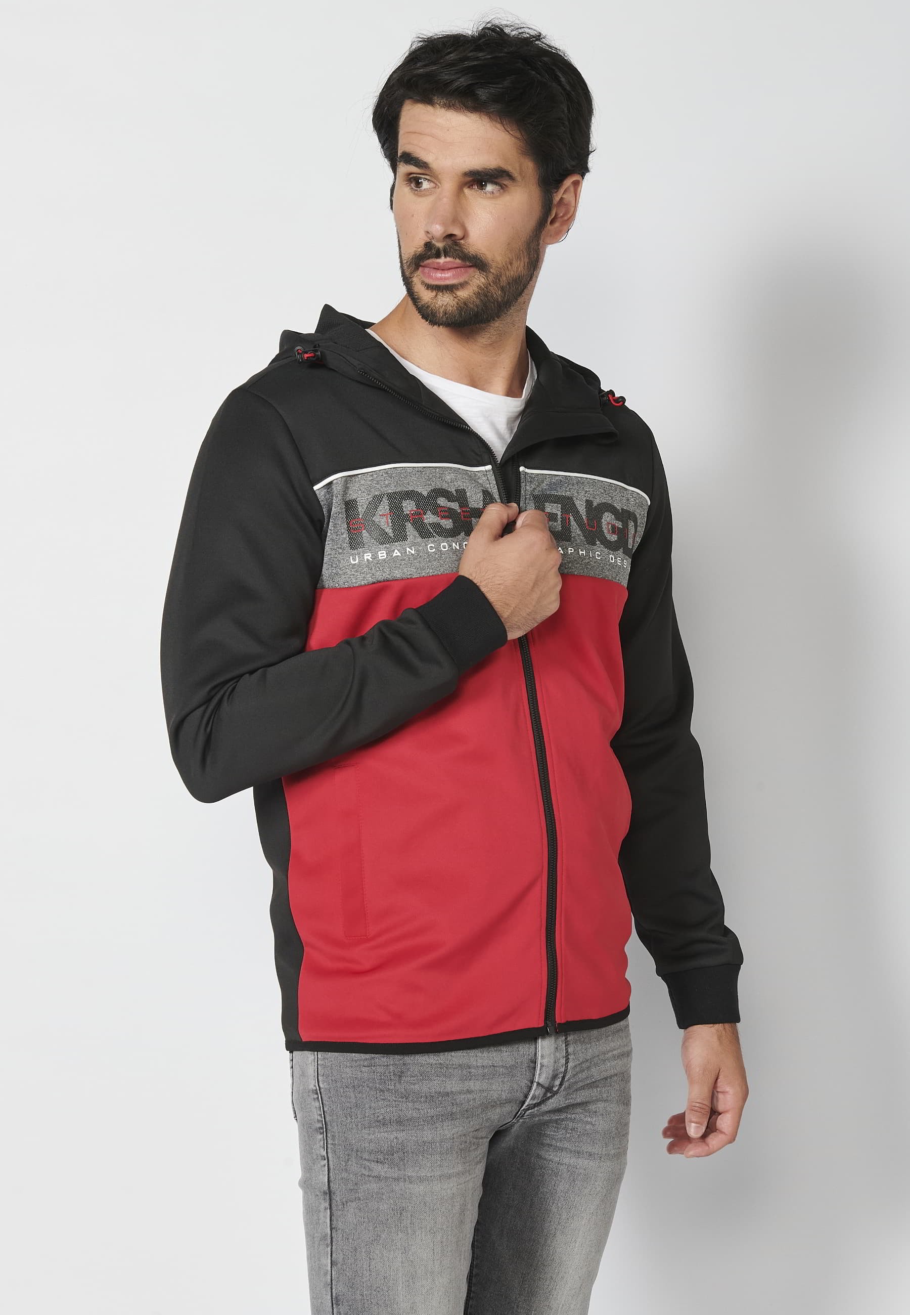 Chaqueta sudadera manga larga con capucha ajustable y franja en el pecho con letras de marca color rojo para hombre | Ropa Casual