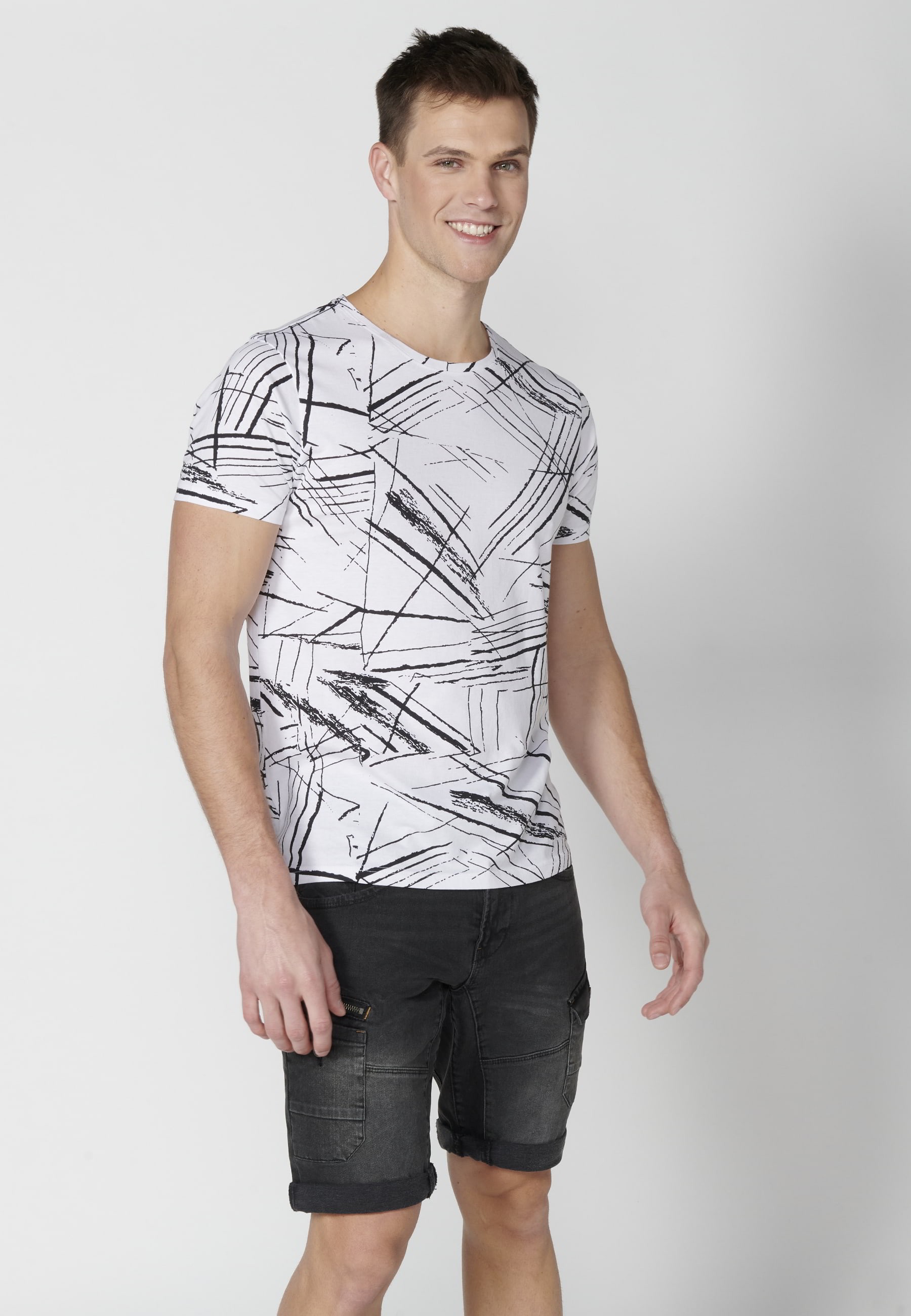 Camiseta de manga corta de Algodón con estampado a rayas color Blanco para Hombre