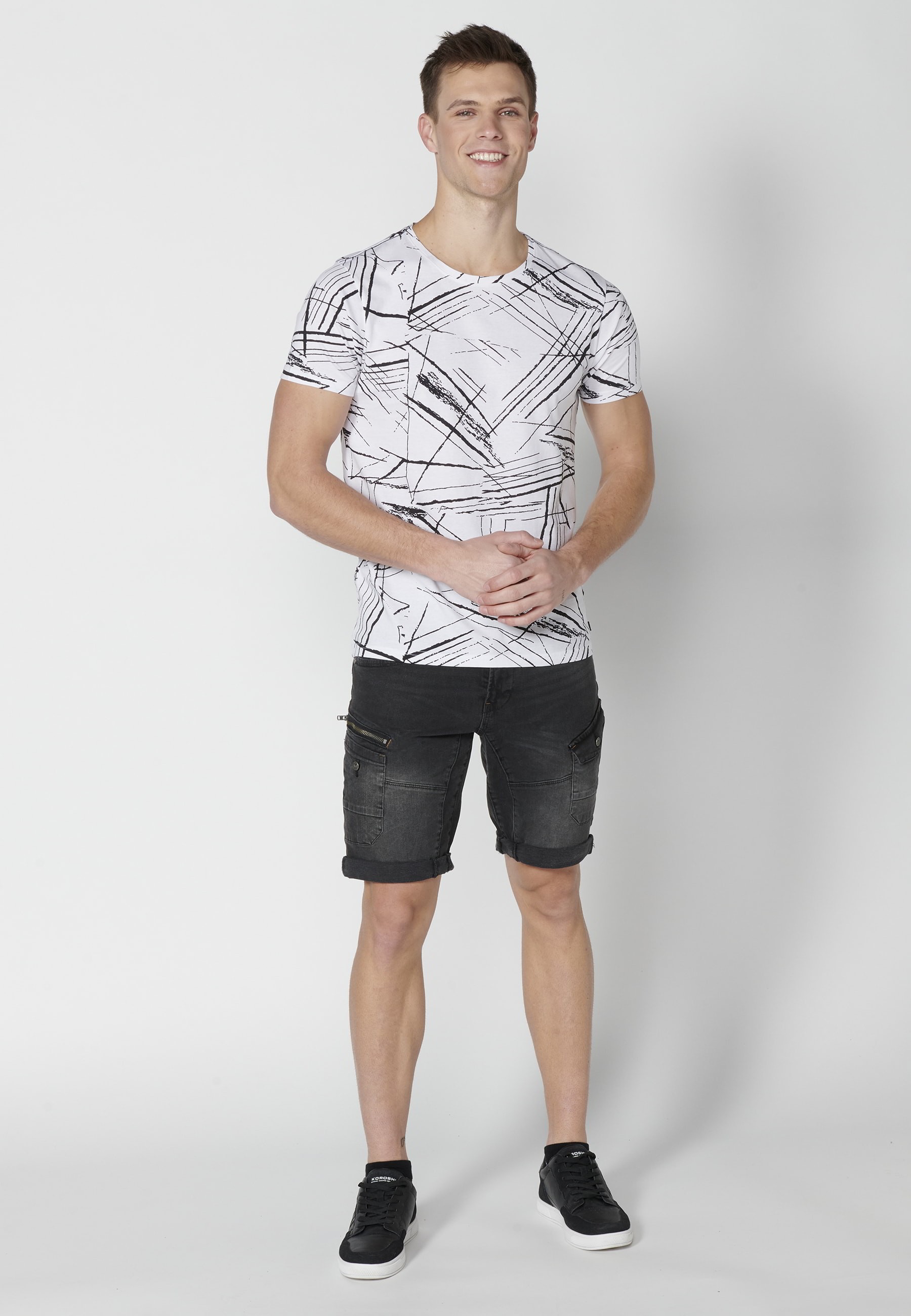 White Striped Print Cotton Short Sleeve T-shirt for Men