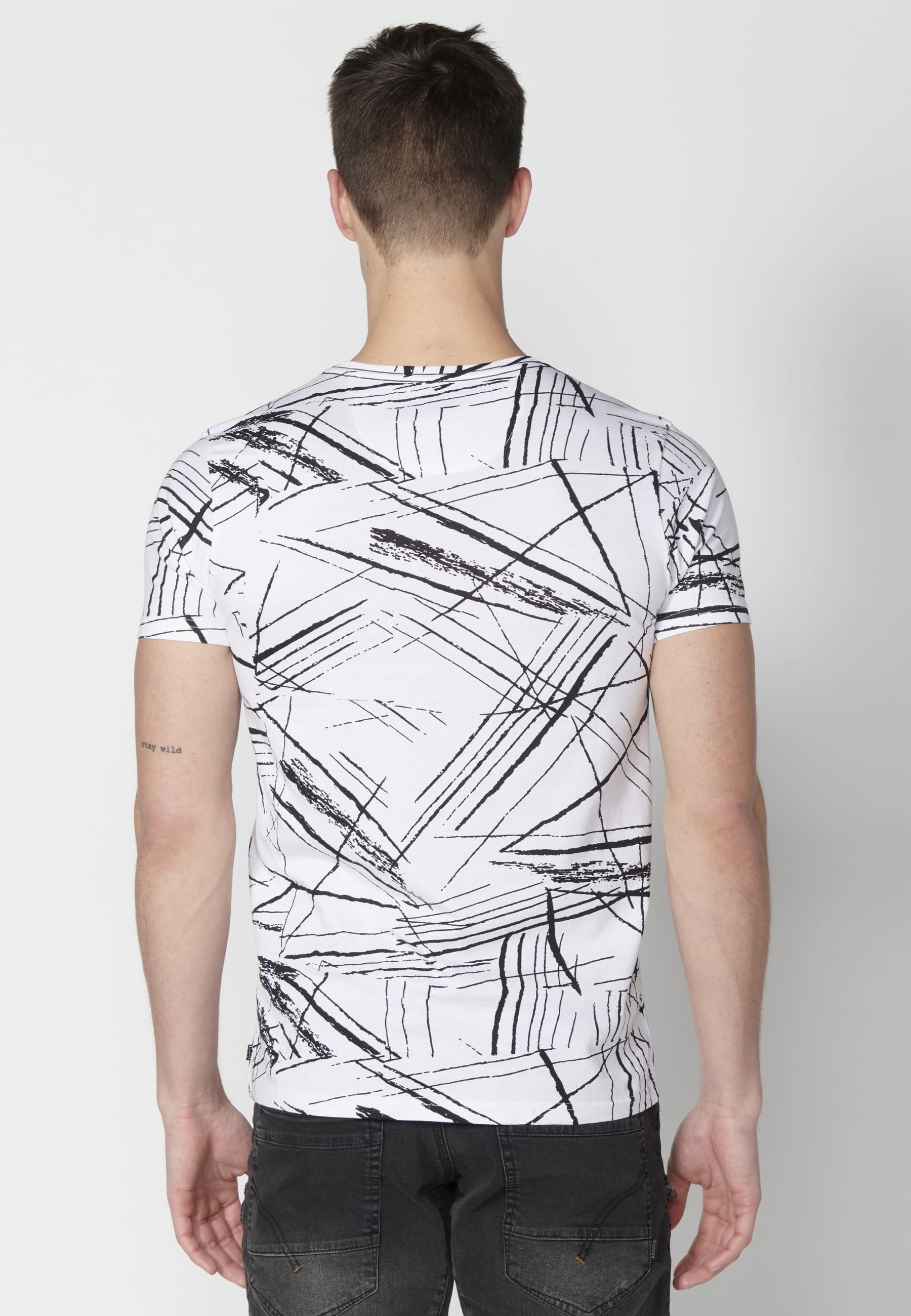 White Striped Print Cotton Short Sleeve T-shirt for Men