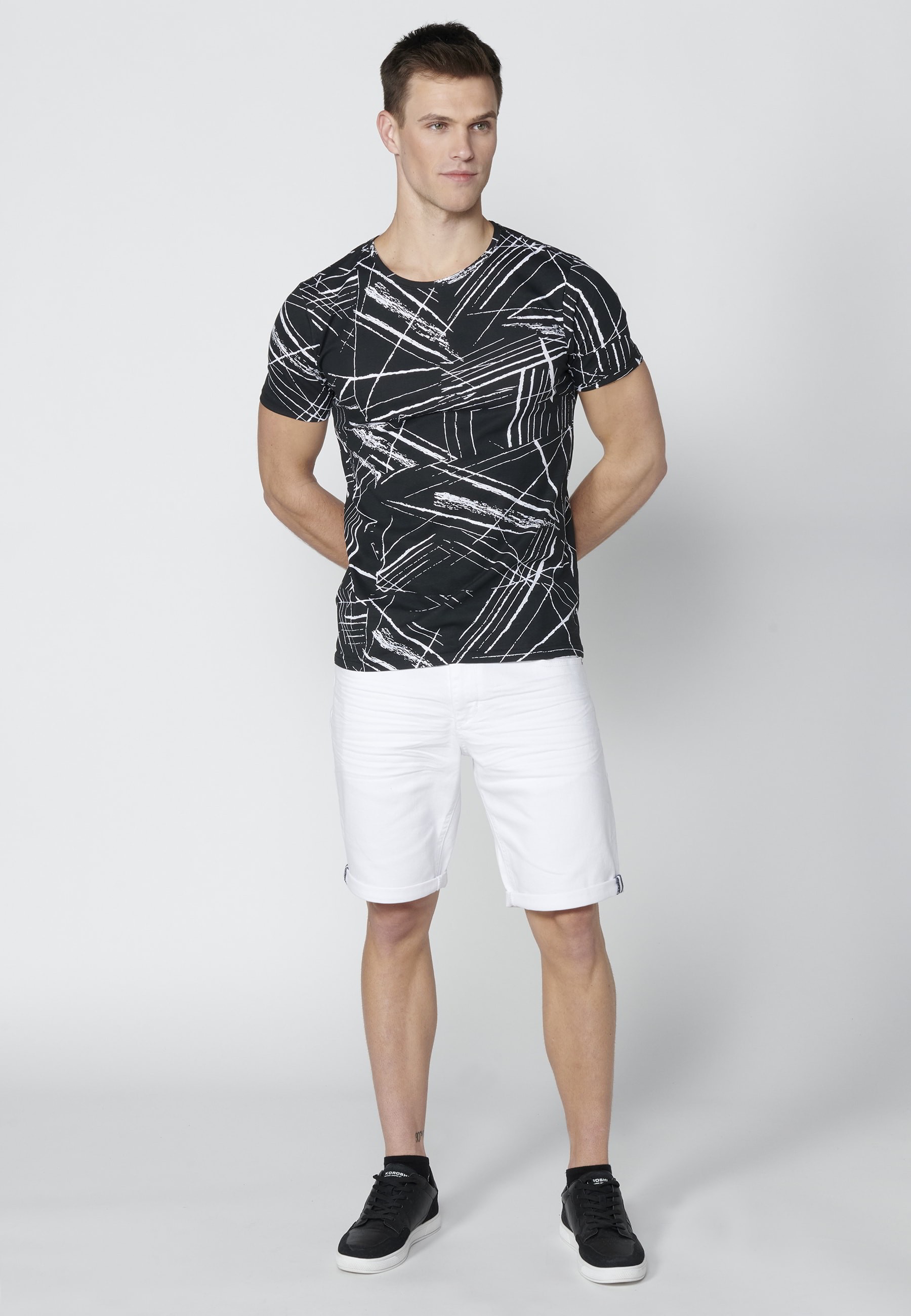 Camiseta de manga corta de Algodón con estampado a rayas color Negro para Hombre