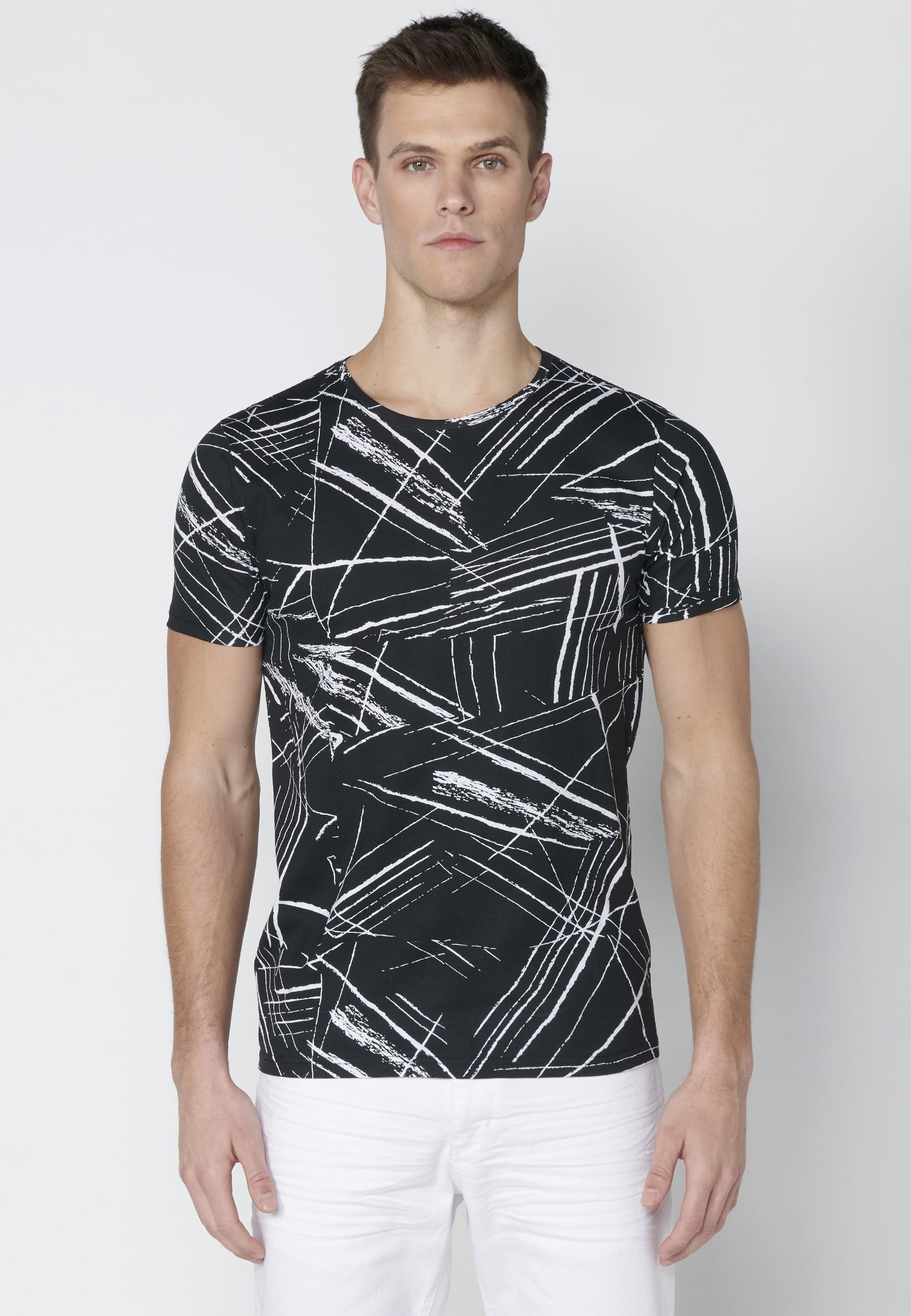 Men's Black Striped Print Cotton Short Sleeve T-shirt