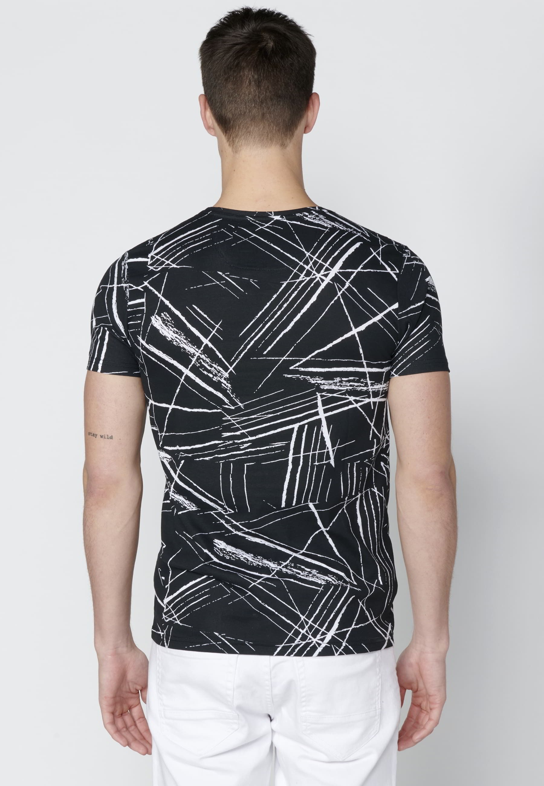 Kurzärmliges T-Shirt aus Baumwolle mit schwarzem Streifendruck für Herren