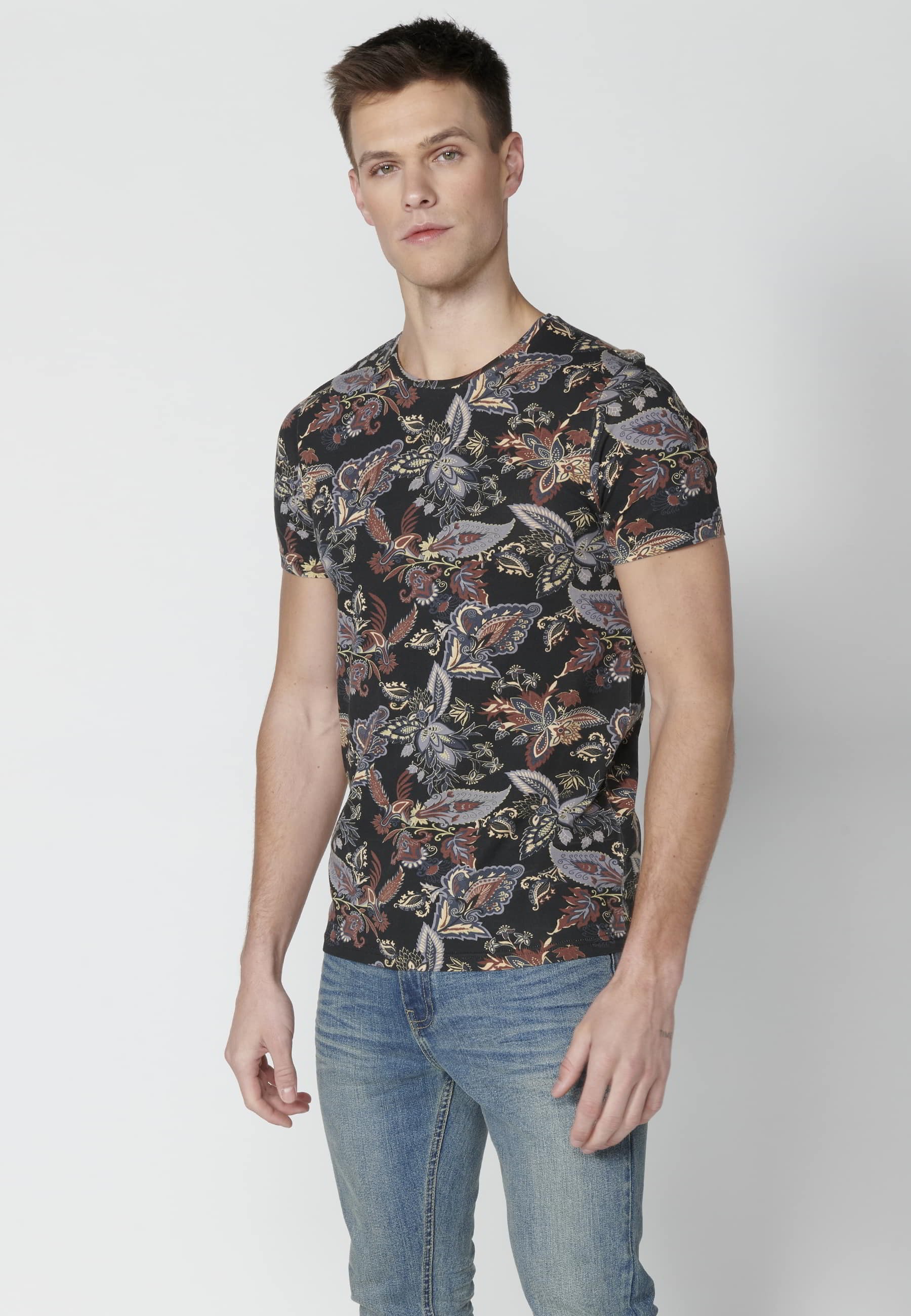 Black Floral Print Cotton Short Sleeve T-shirt for Men