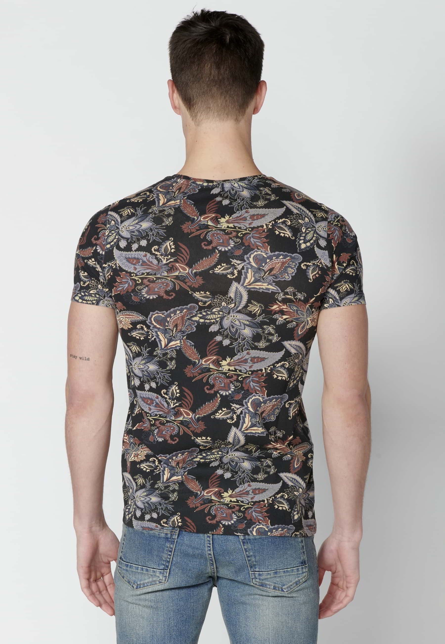 Black Floral Print Cotton Short Sleeve T-shirt for Men 3