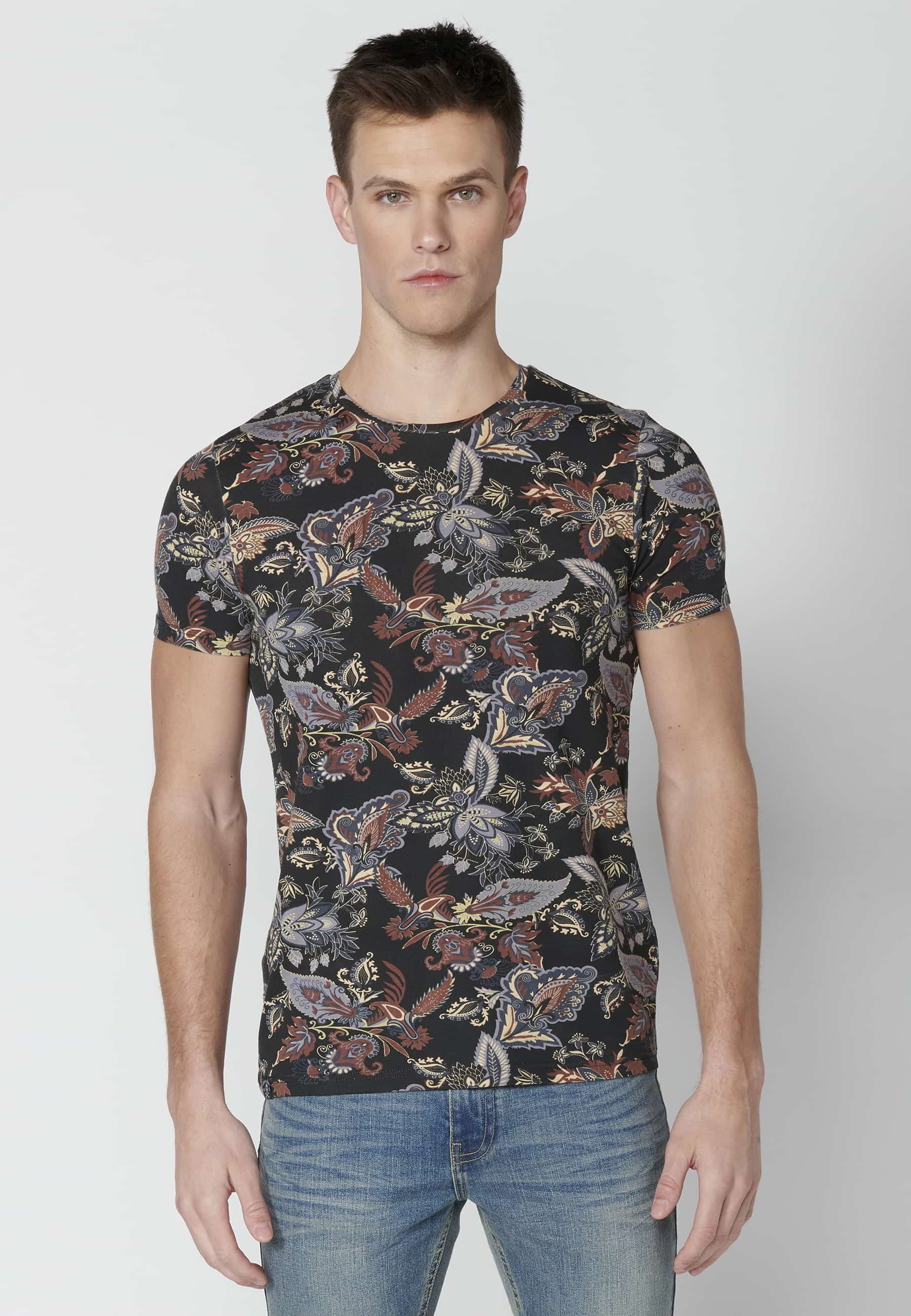 Black Floral Print Cotton Short Sleeve T-shirt for Men 2