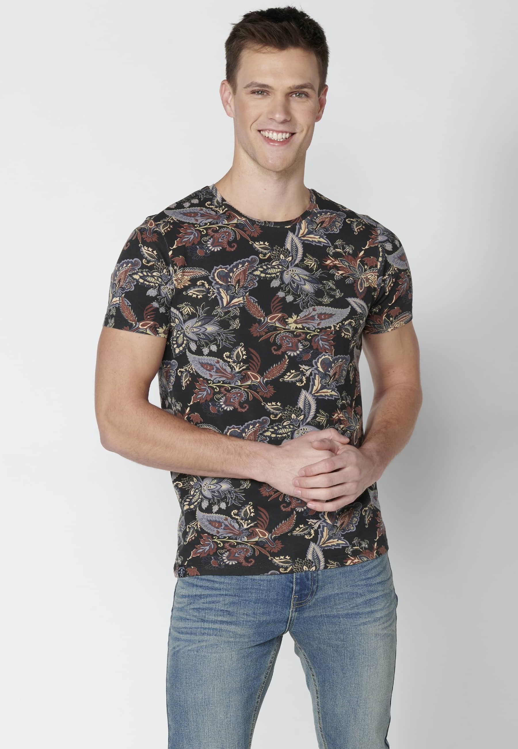 Black Floral Print Cotton Short Sleeve T-shirt for Men 4