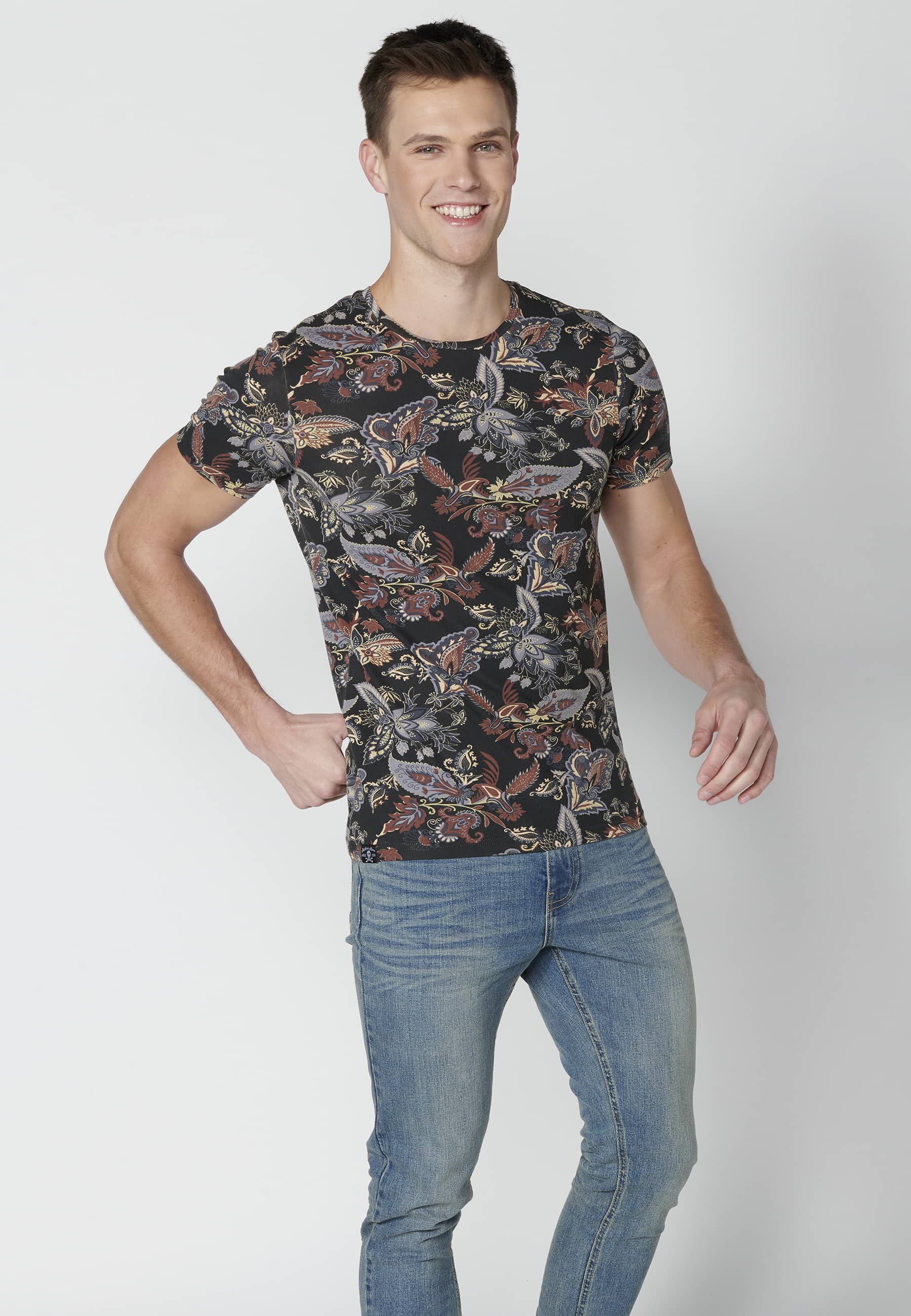 Black Floral Print Cotton Short Sleeve T-shirt for Men 7