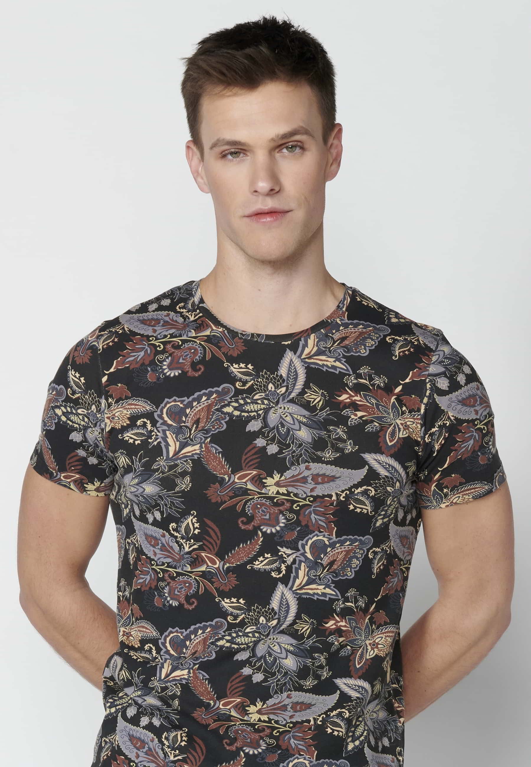 Black Floral Print Cotton Short Sleeve T-shirt for Men 5