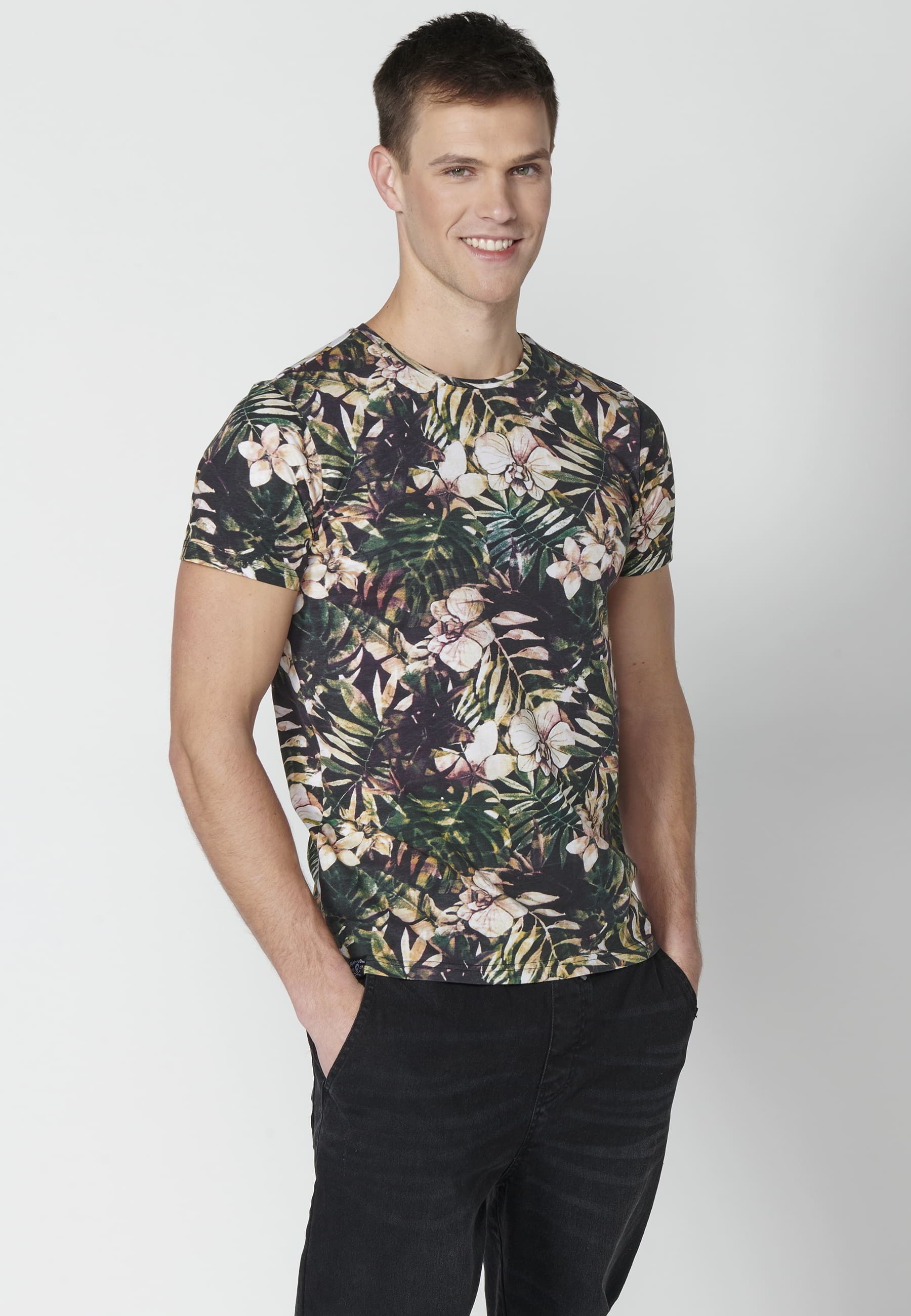 Camiseta de manga corta de algodón con estampado tropical color multicolor para hombre | Ropa Casual