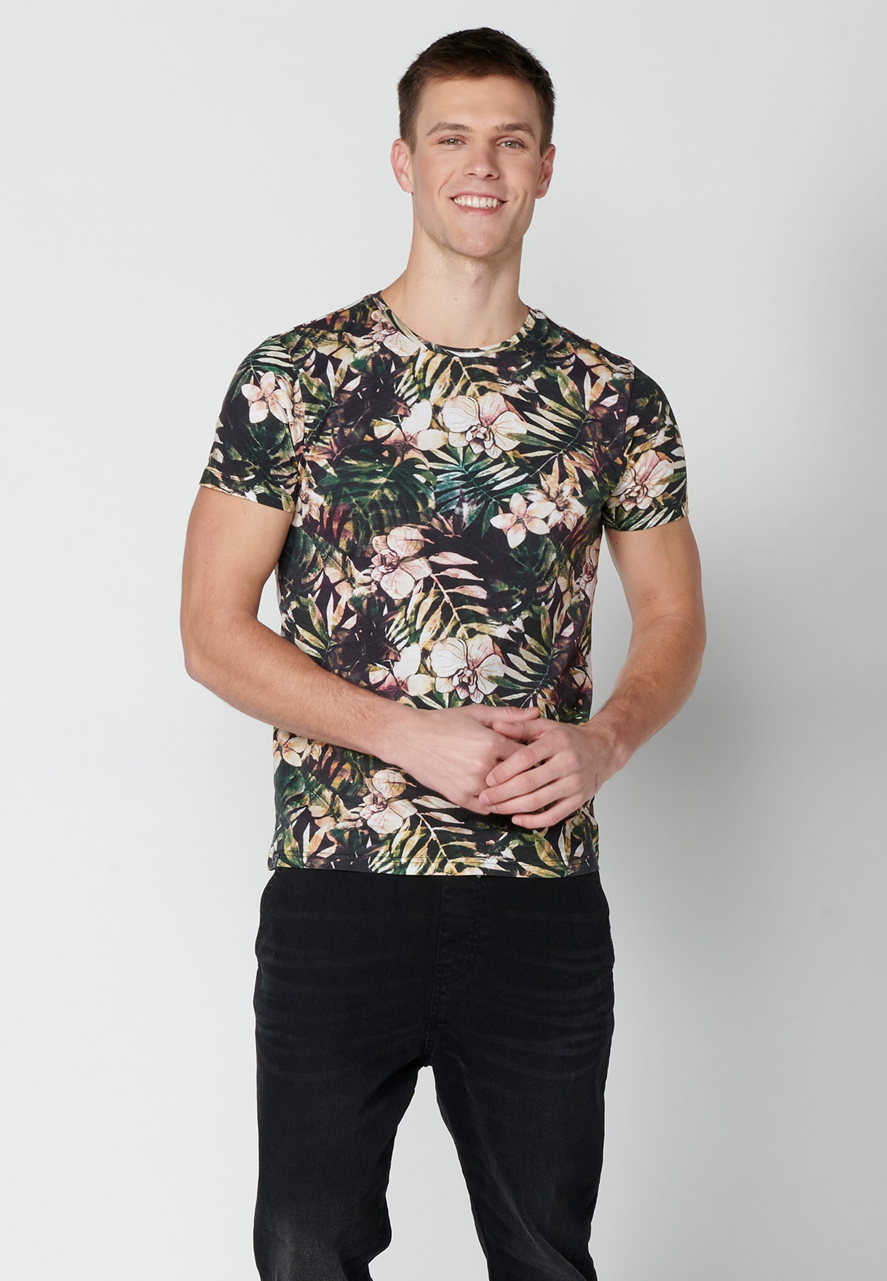 Camiseta de manga corta de algodón con estampado tropical color multicolor para hombre | Ropa Casual