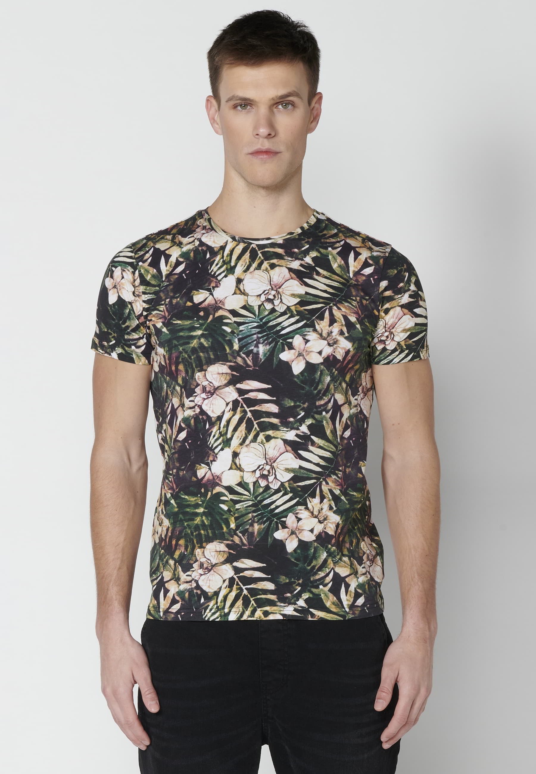 Camiseta de manga corta de algodón con estampado tropical color multicolor para hombre | Ropa Casual