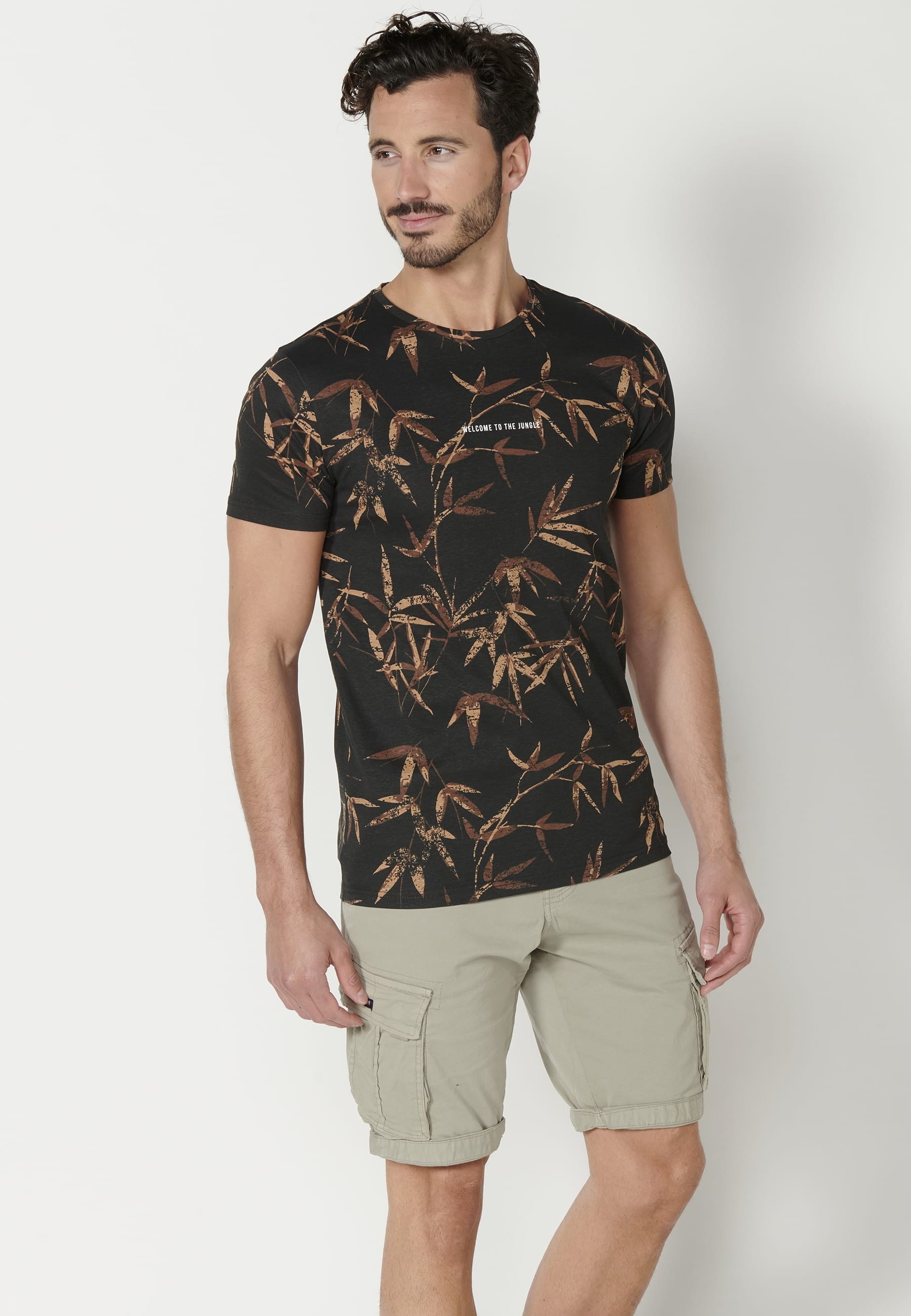 Men's Black Autumn Print Cotton Short Sleeve T-shirt