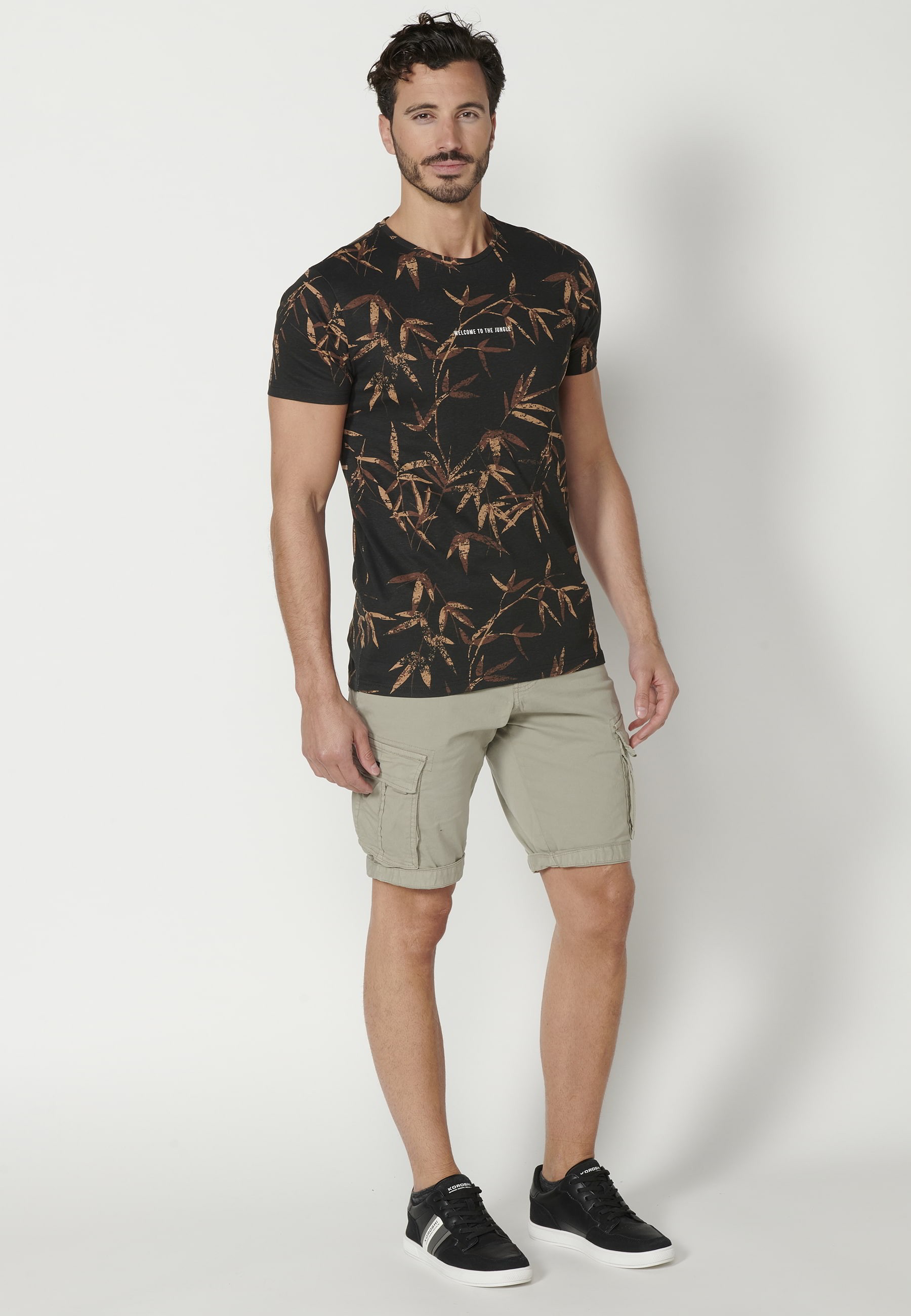 T-shirt à manches courtes en coton imprimé automne noir pour homme