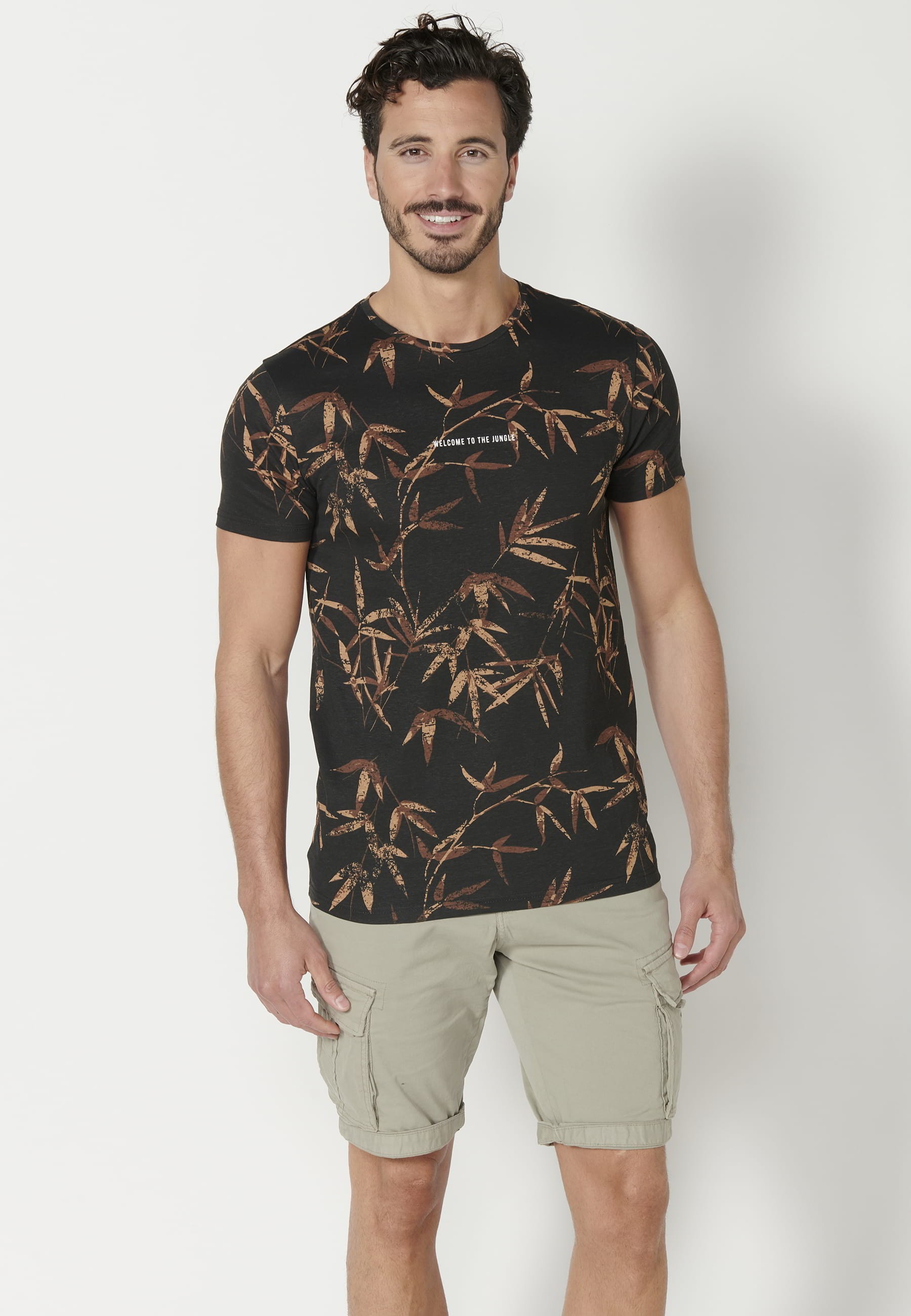 T-shirt à manches courtes en coton imprimé automne noir pour homme
