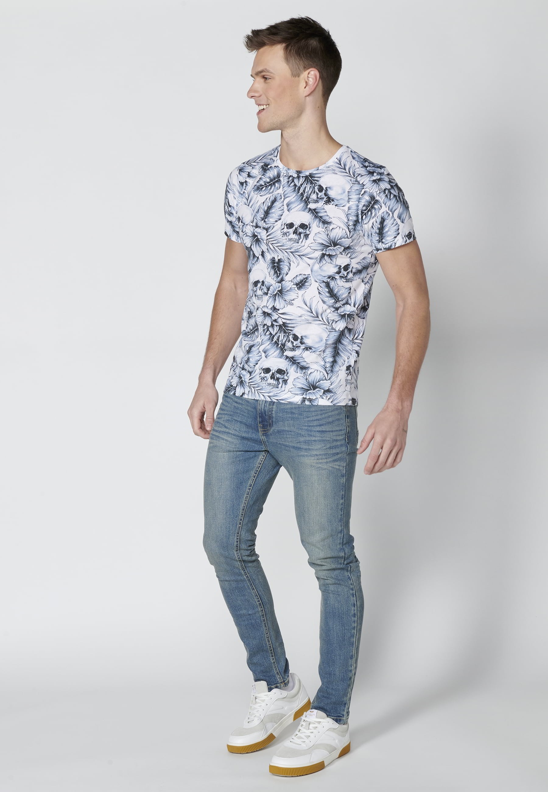 Weißes Kurzarm-T-Shirt aus Baumwolle mit tropischem Print für Herren
