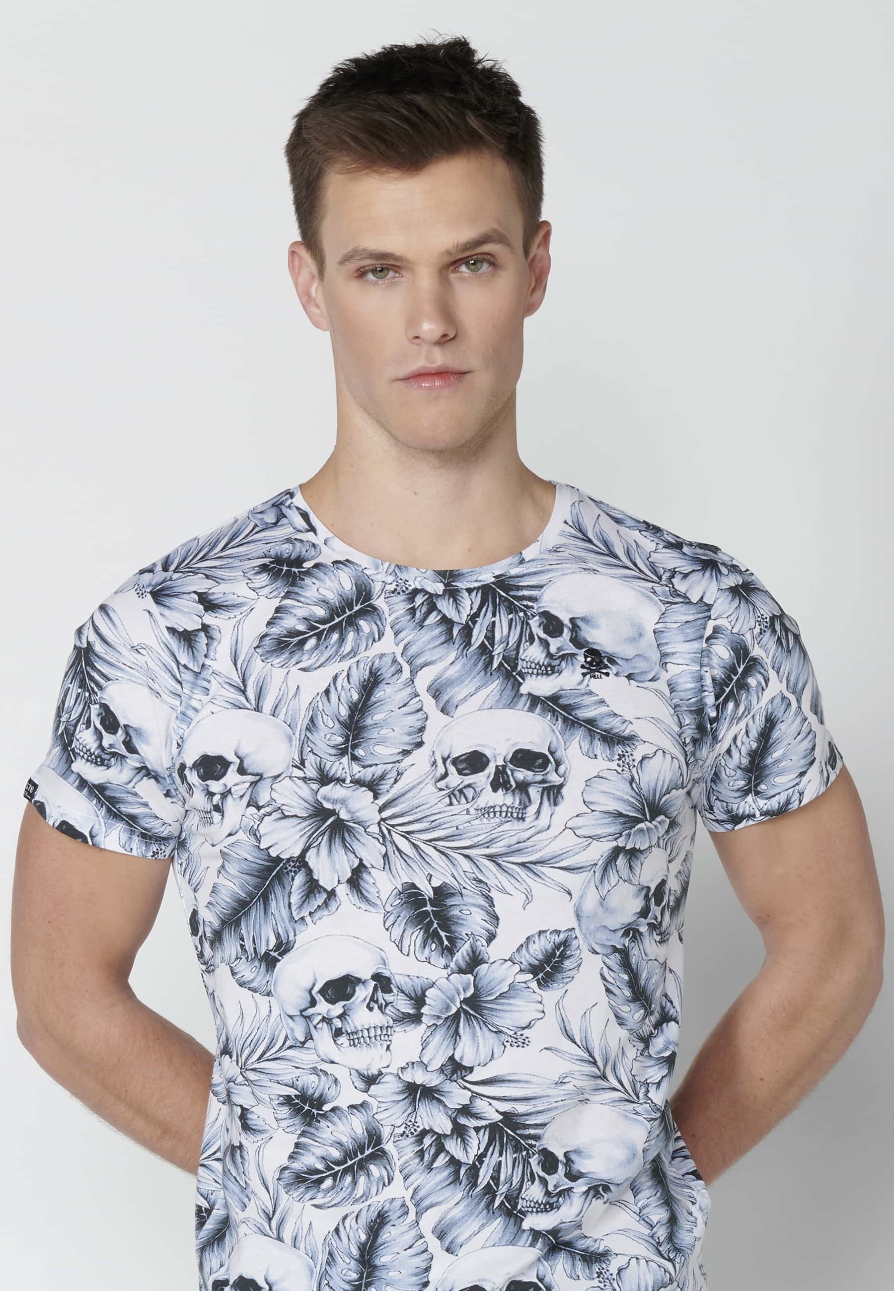 T-shirt Homme Blanc Imprimé Tropical En Coton À Manches Courtes