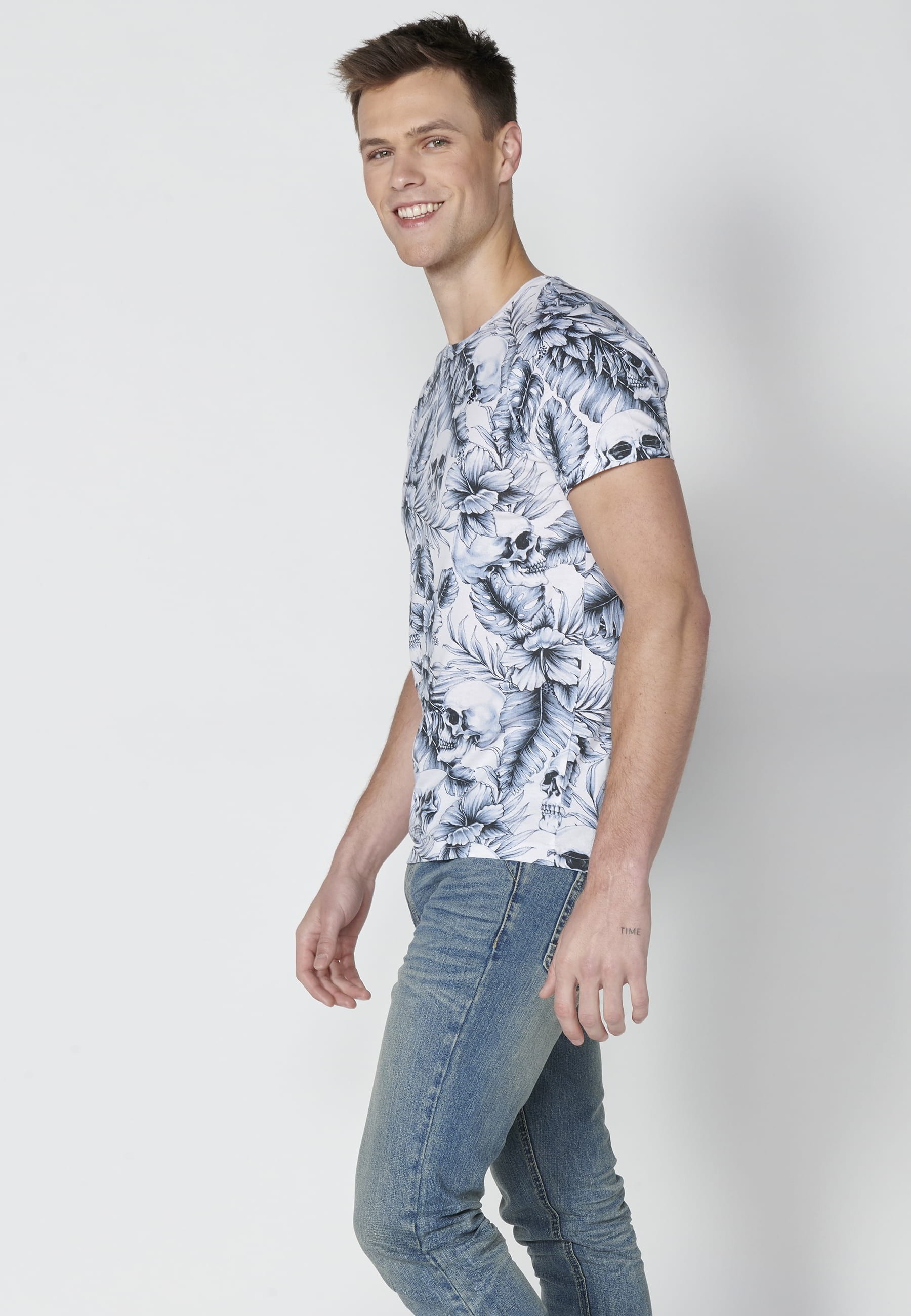 T-shirt Homme Blanc Imprimé Tropical En Coton À Manches Courtes