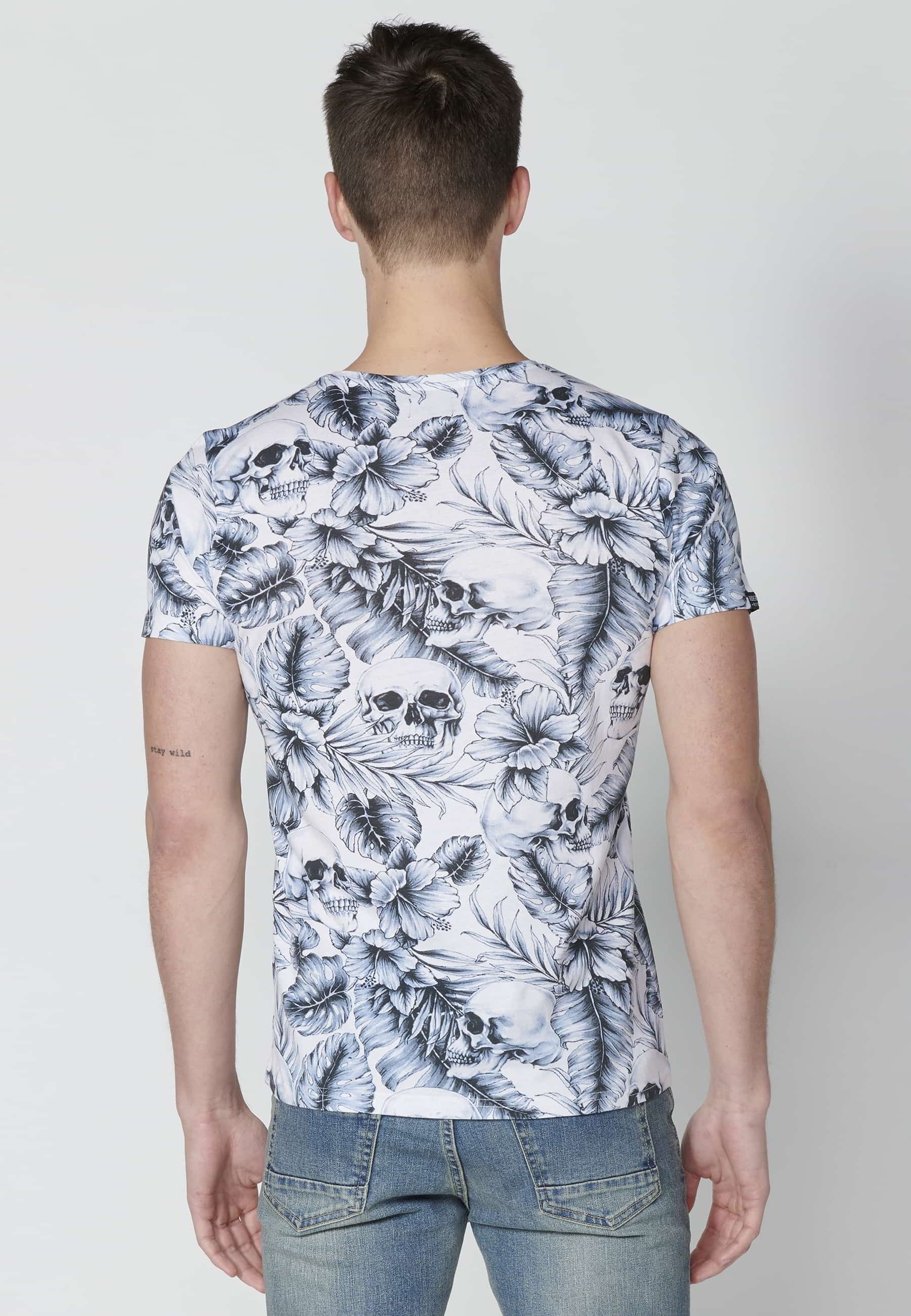 Men's White Tropical Print Cotton Short Sleeve T-shirt