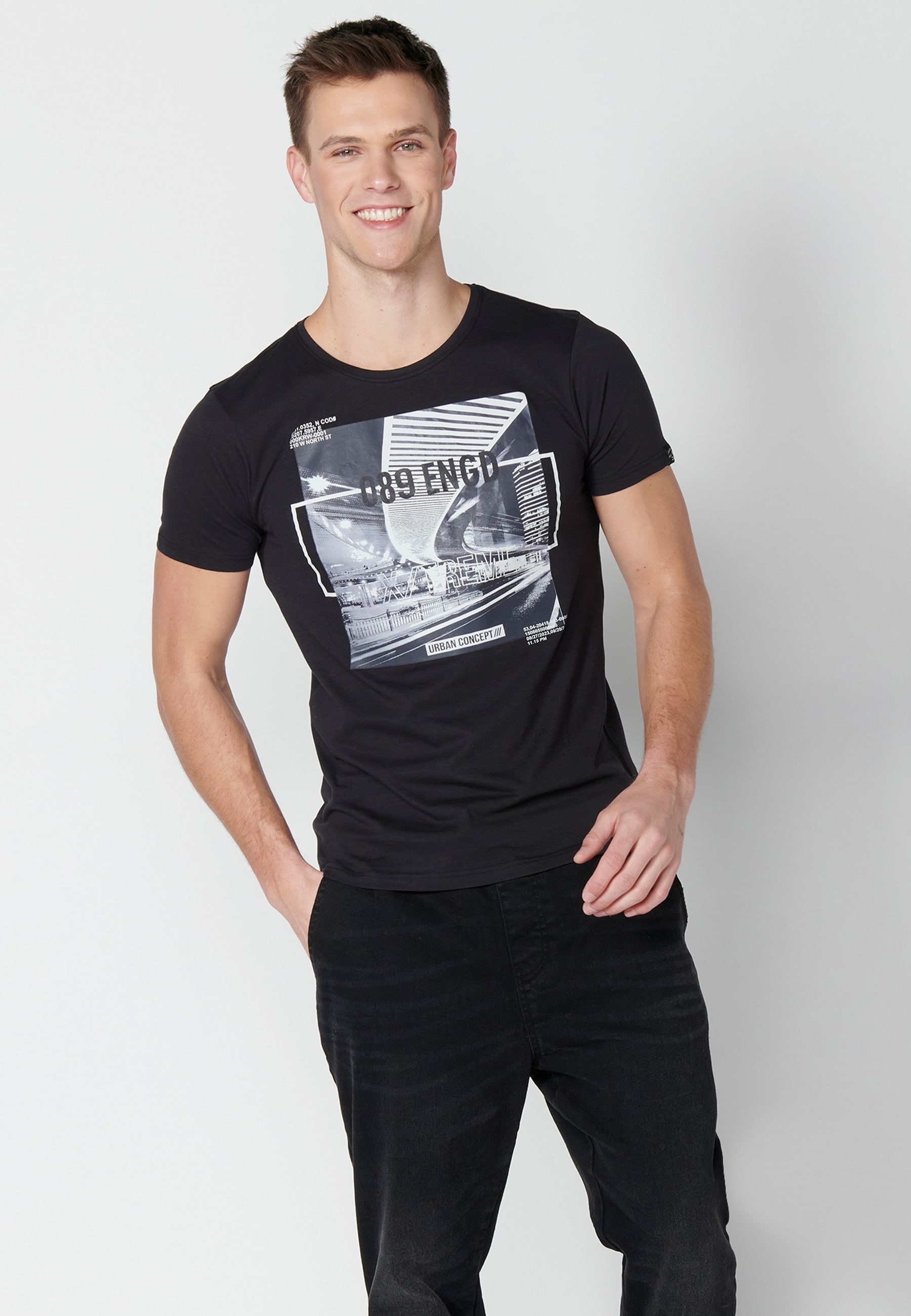Kurzärmliges Baumwoll-T-Shirt mit schwarzem Frontdruck für Herren