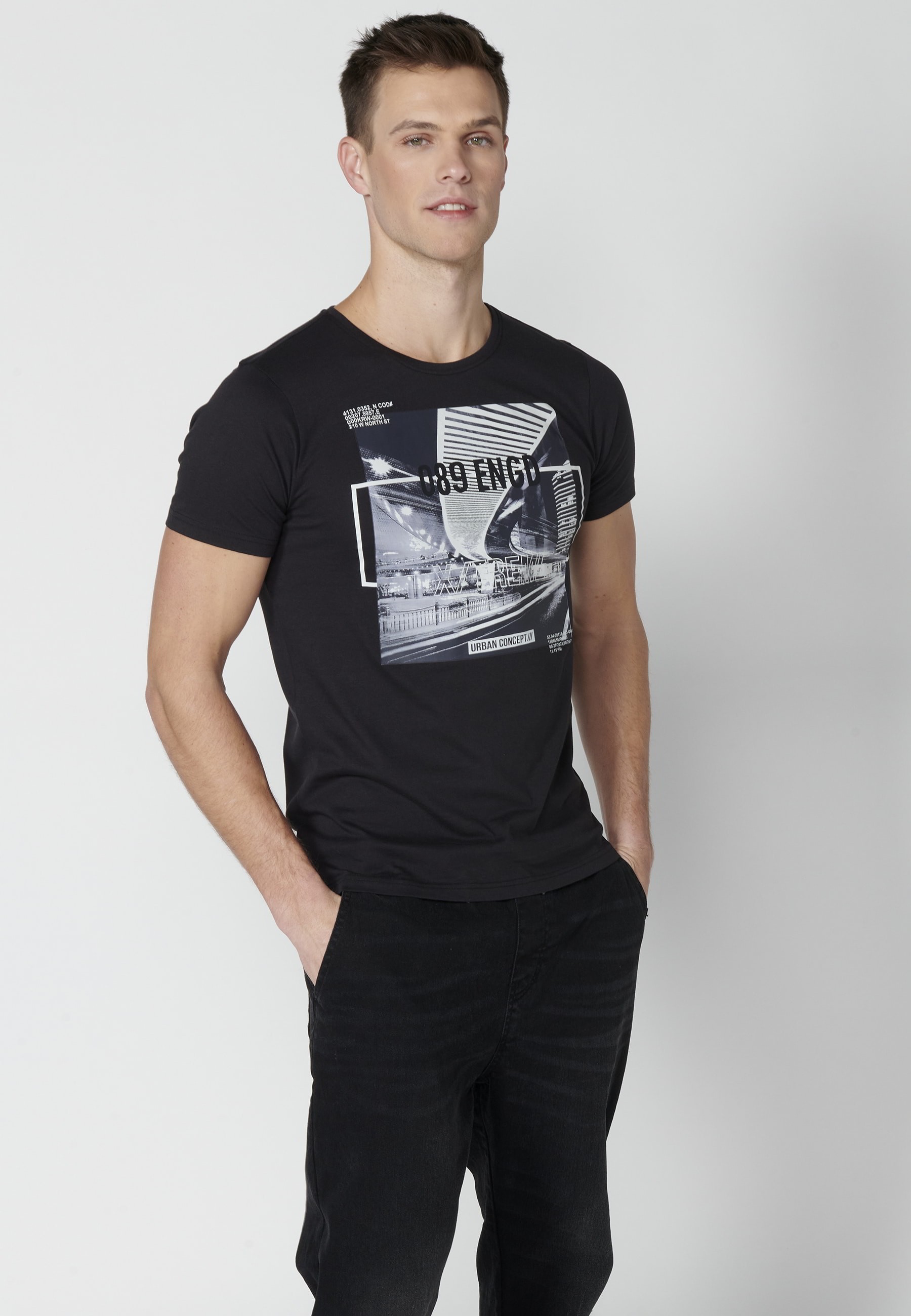 Short-sleeved Cotton T-shirt with Black front print for Men