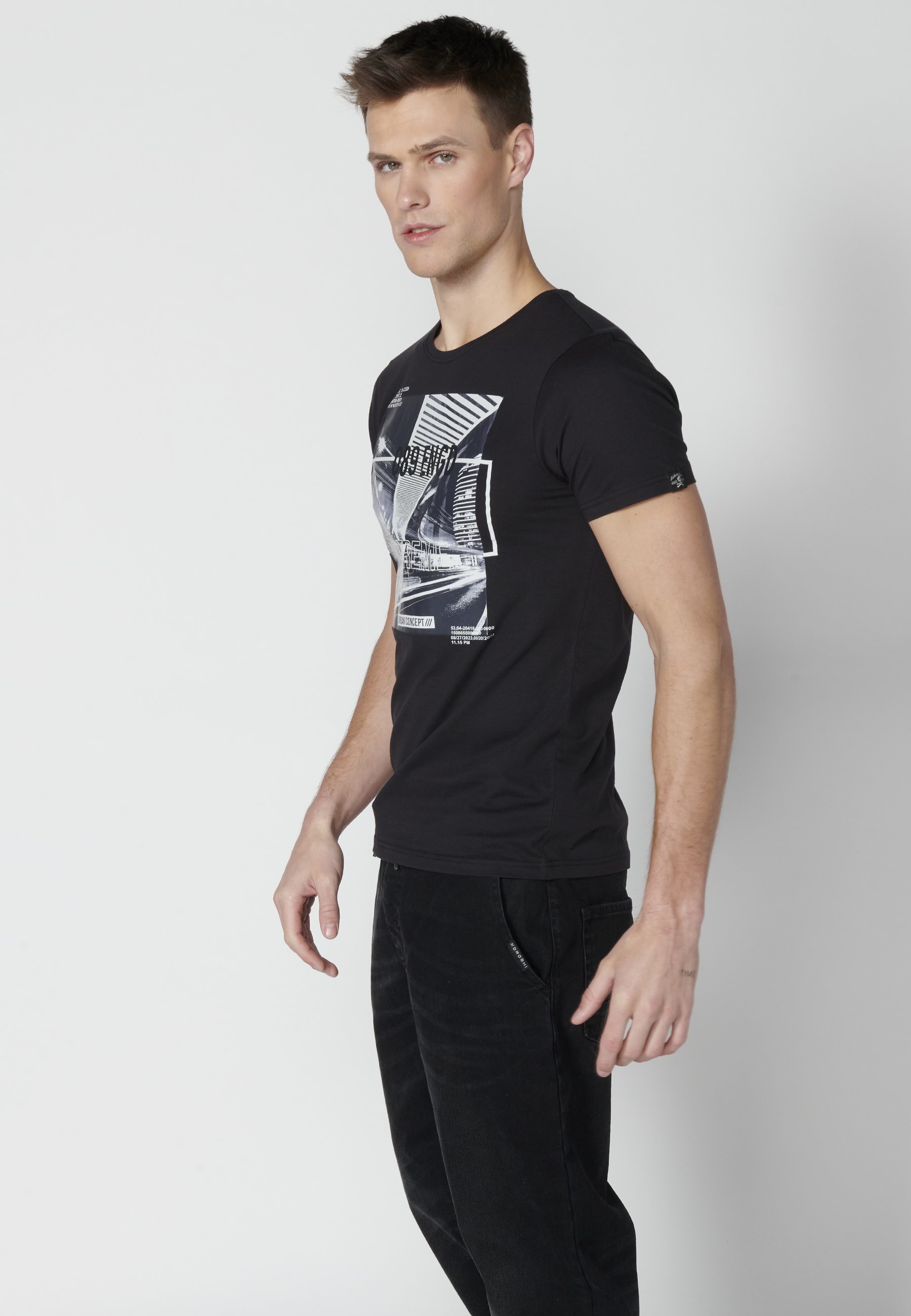 Short-sleeved Cotton T-shirt with Black front print for Men