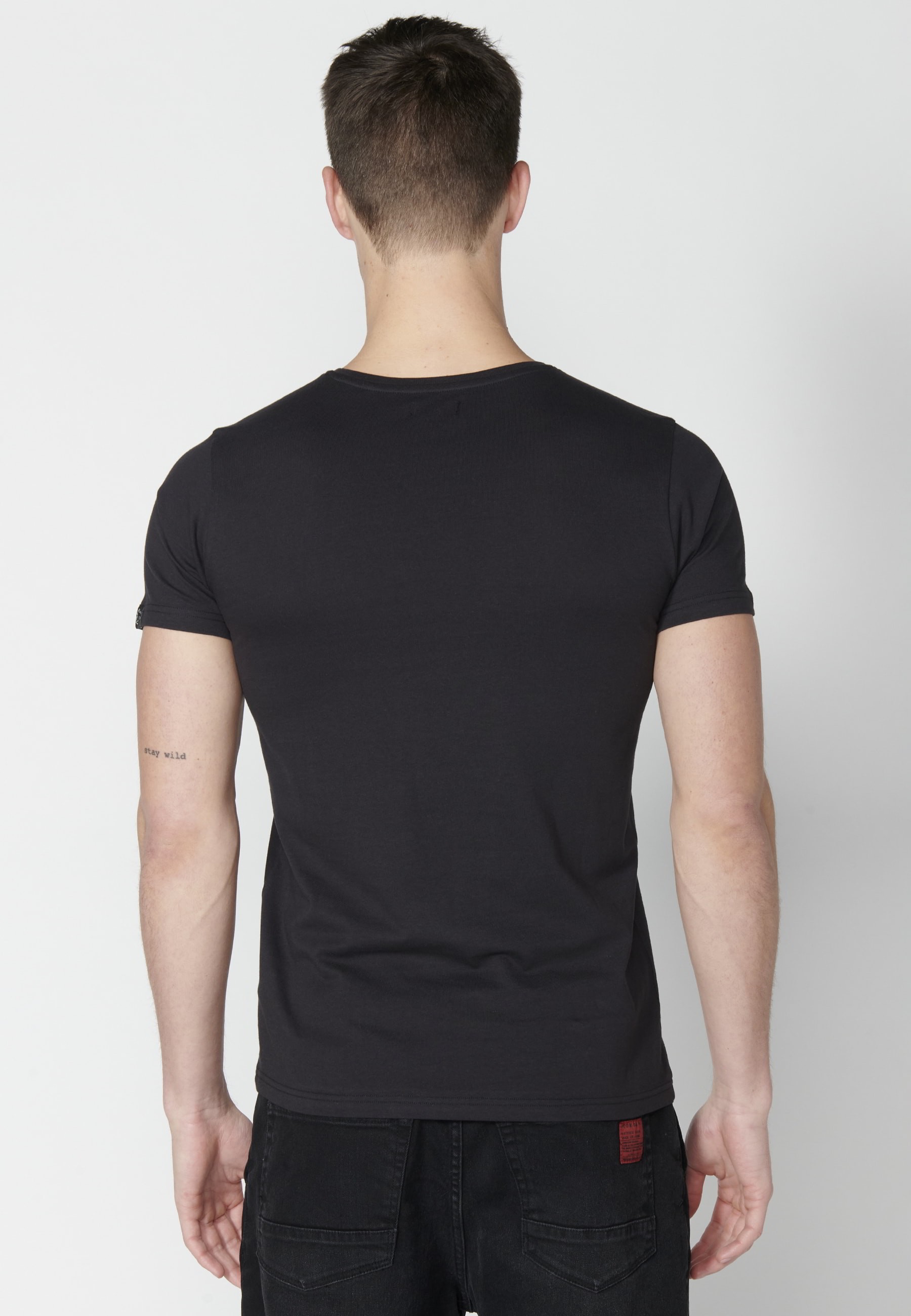 Short-sleeved Cotton T-shirt with Black front print for Men