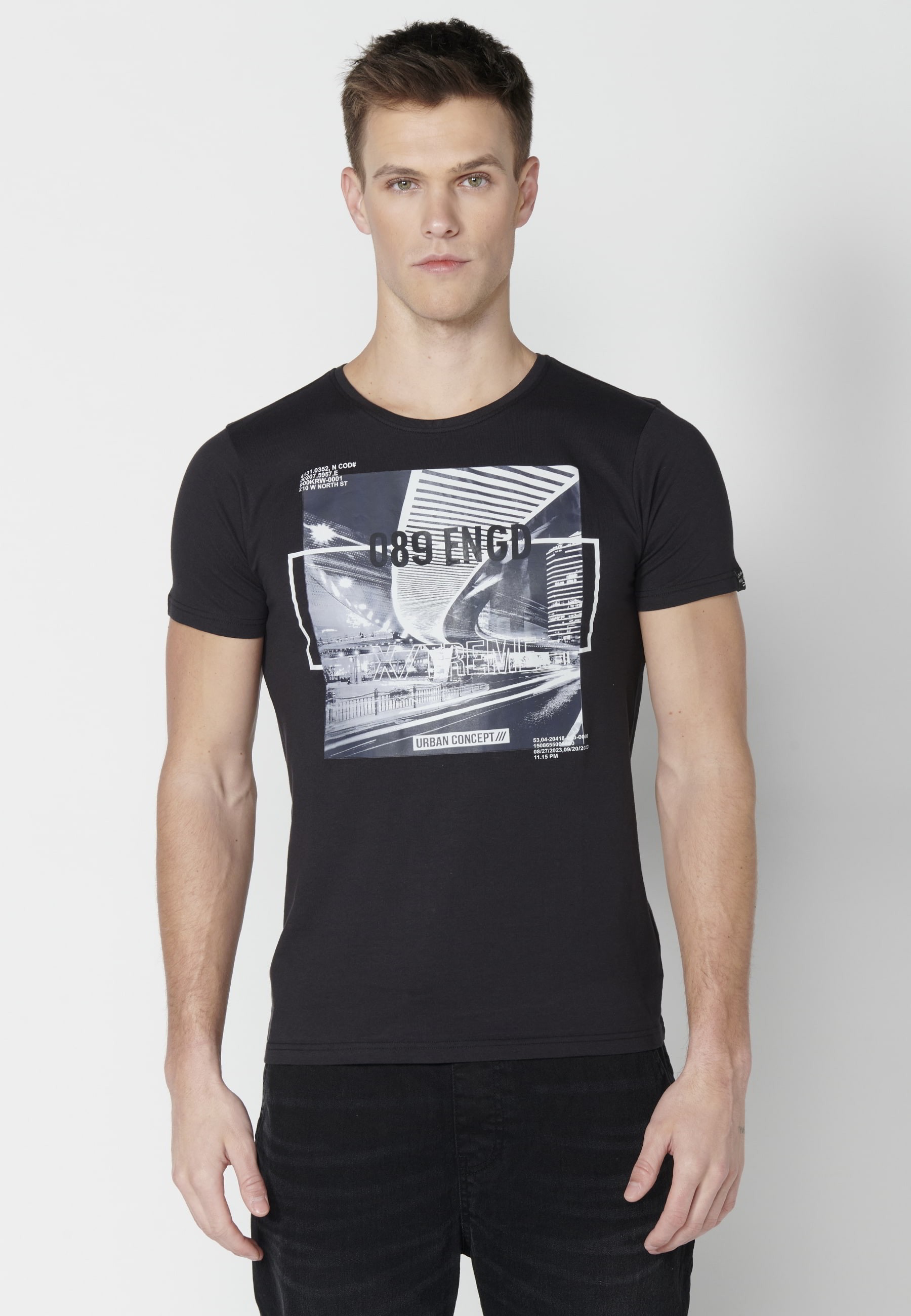 Short-sleeved Cotton T-shirt with Black front print for Men