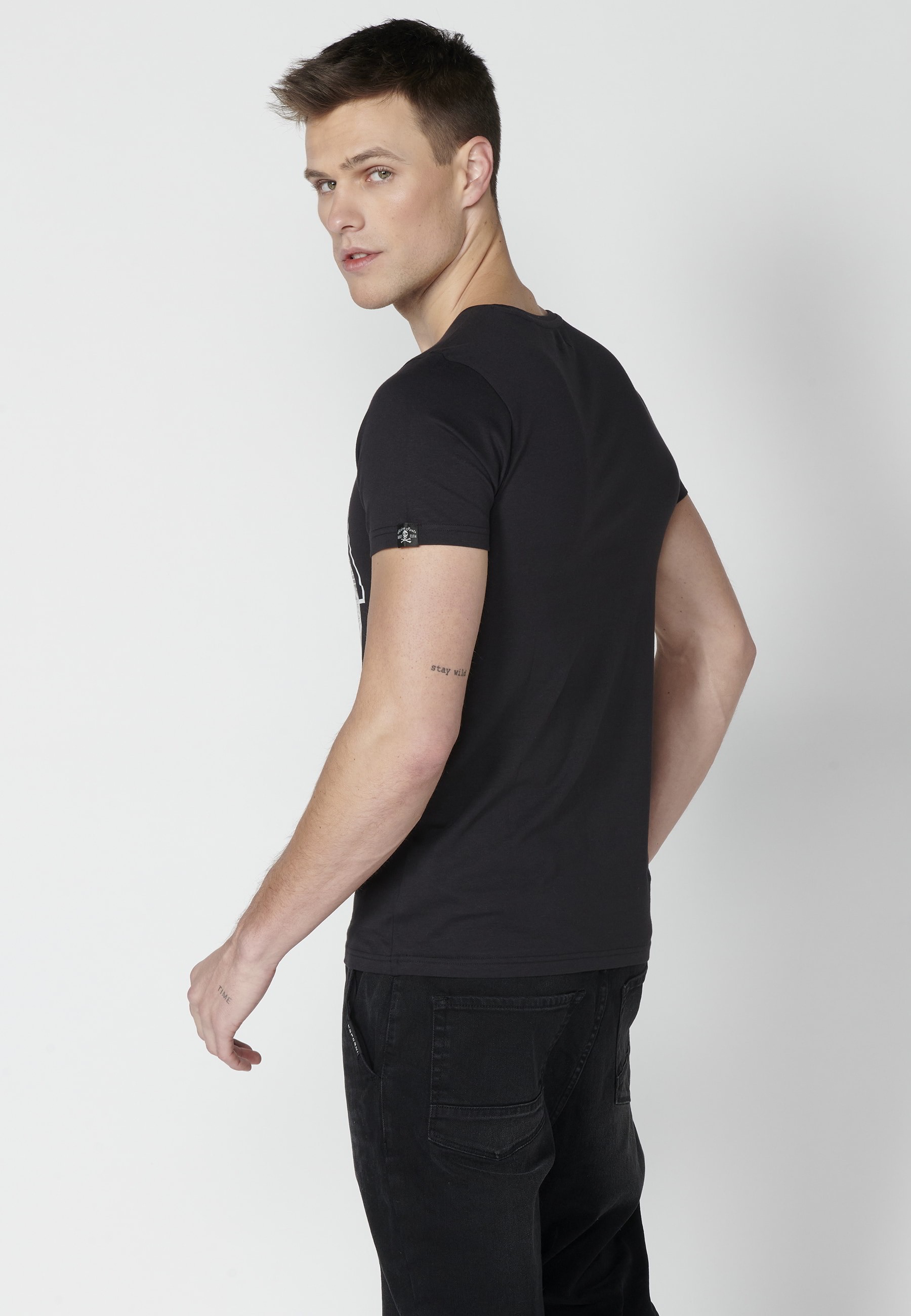 Short-sleeved Cotton T-shirt with Black front print for Men