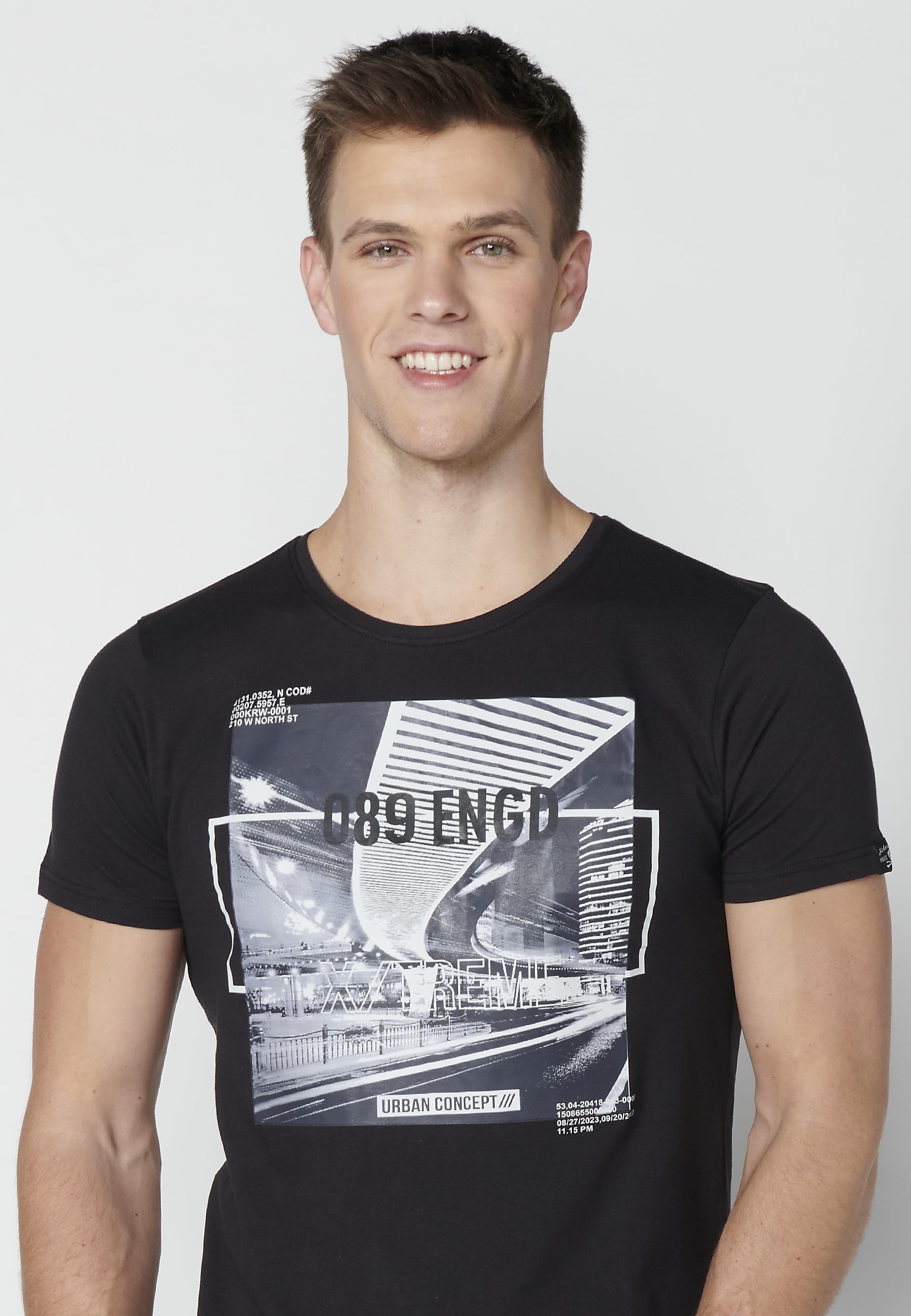 Kurzärmliges Baumwoll-T-Shirt mit schwarzem Frontdruck für Herren