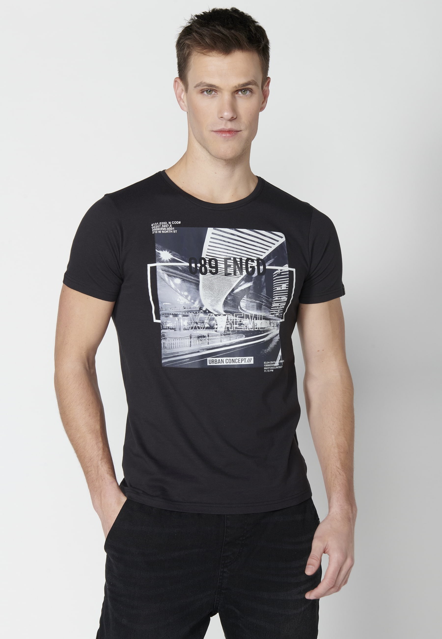 Short-sleeved Cotton T-shirt with Black front print for Men