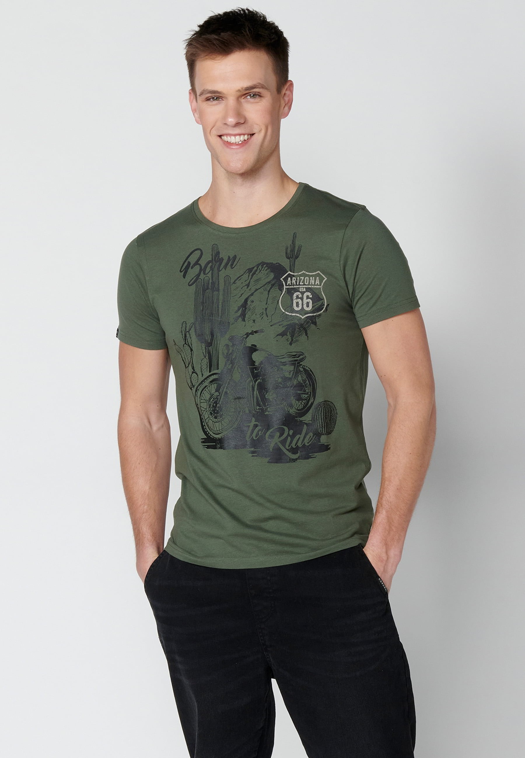 T-shirt Homme Kaki Imprimé Devant À Manches Courtes En Coton