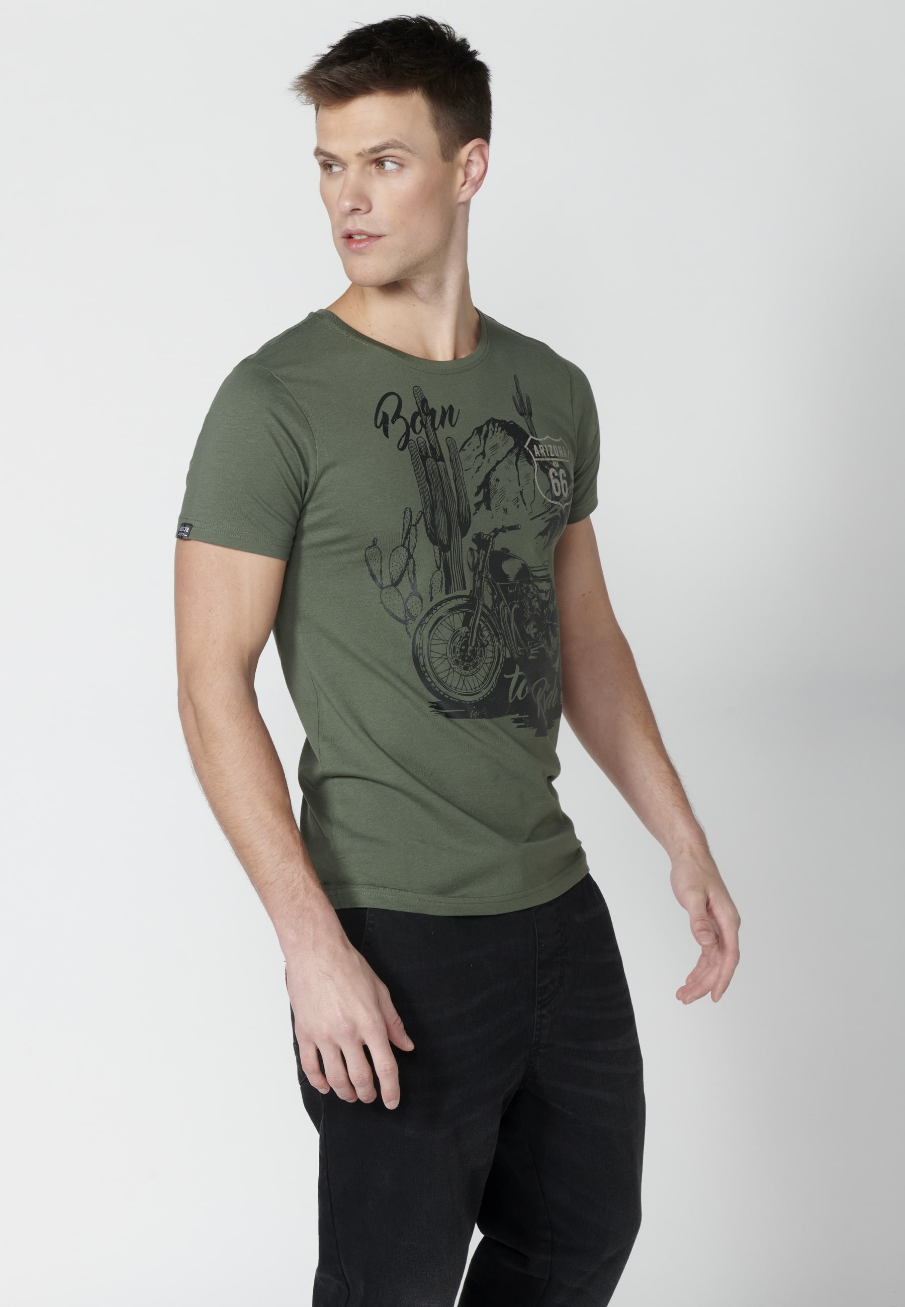 Khakifarbenes Kurzarm-T-Shirt aus Baumwolle mit Frontdruck für Herren 2