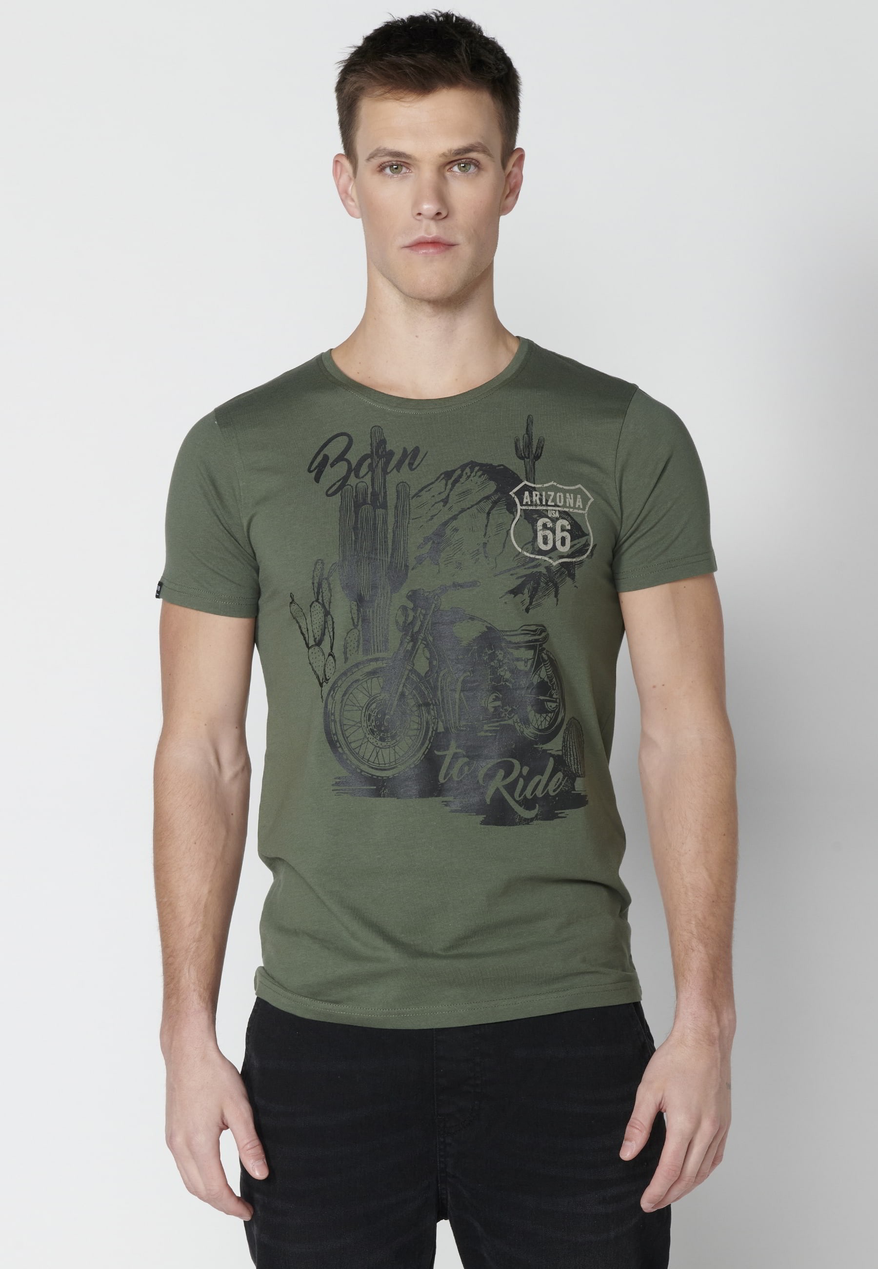 T-shirt Homme Kaki Imprimé Devant À Manches Courtes En Coton 3