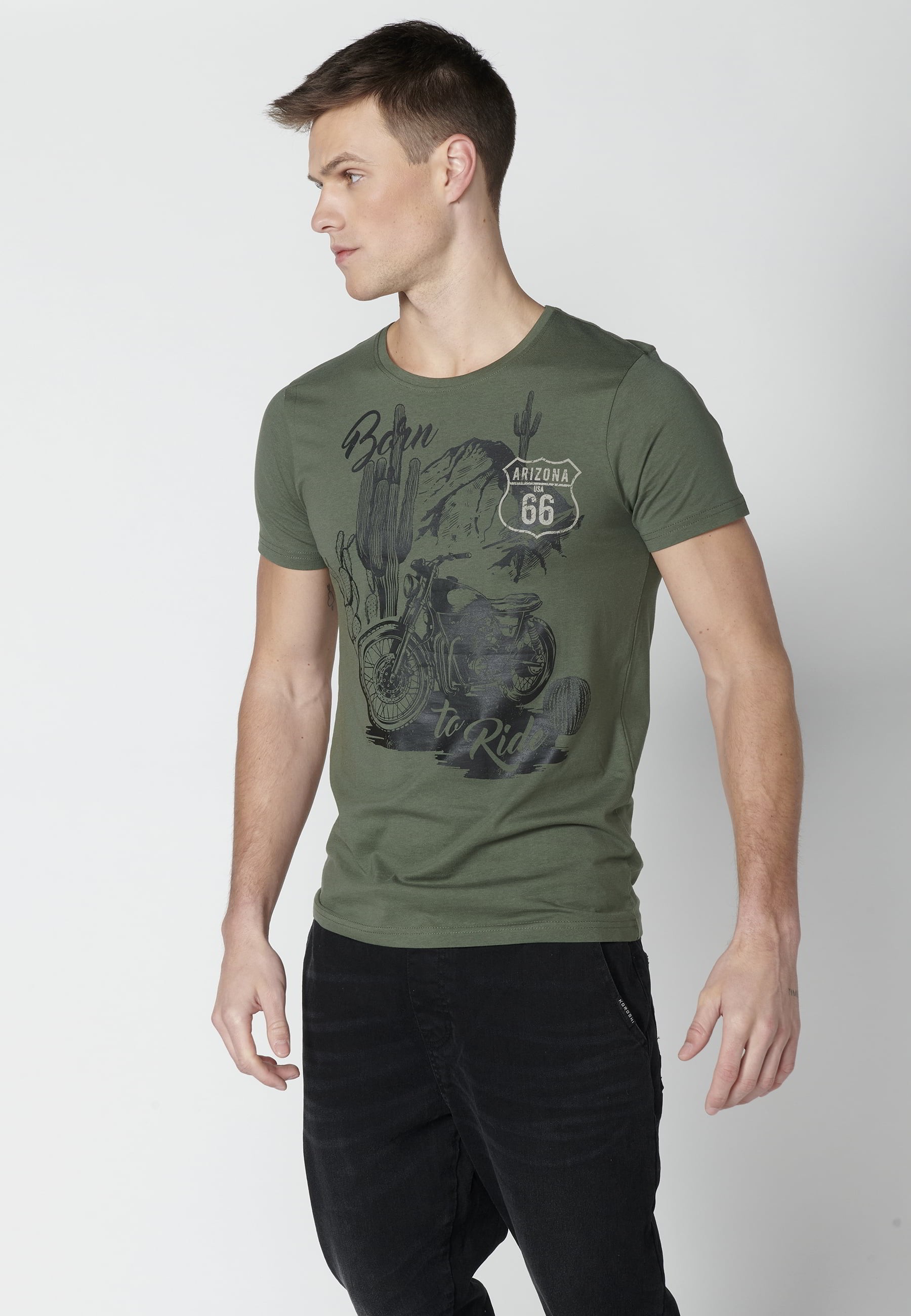 T-shirt Homme Kaki Imprimé Devant À Manches Courtes En Coton 1