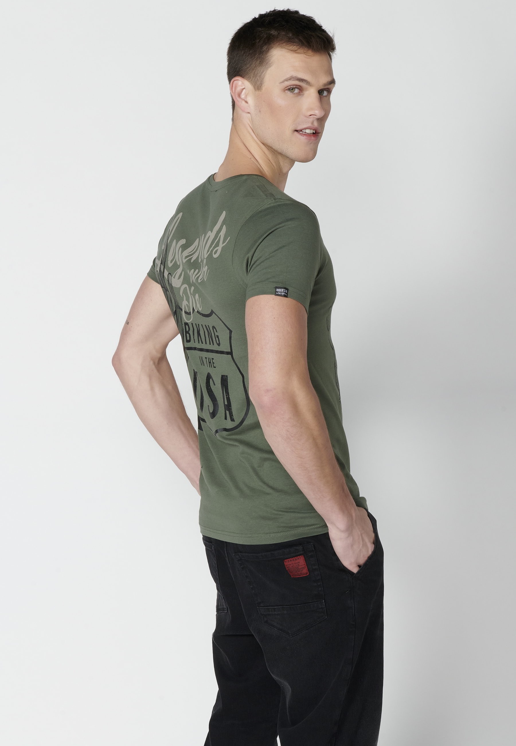 T-shirt Homme Kaki Imprimé Devant À Manches Courtes En Coton 7