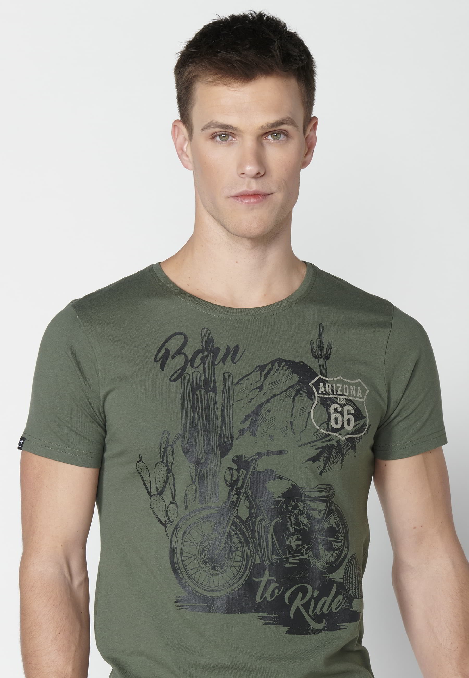 Khakifarbenes Kurzarm-T-Shirt aus Baumwolle mit Frontdruck für Herren 5
