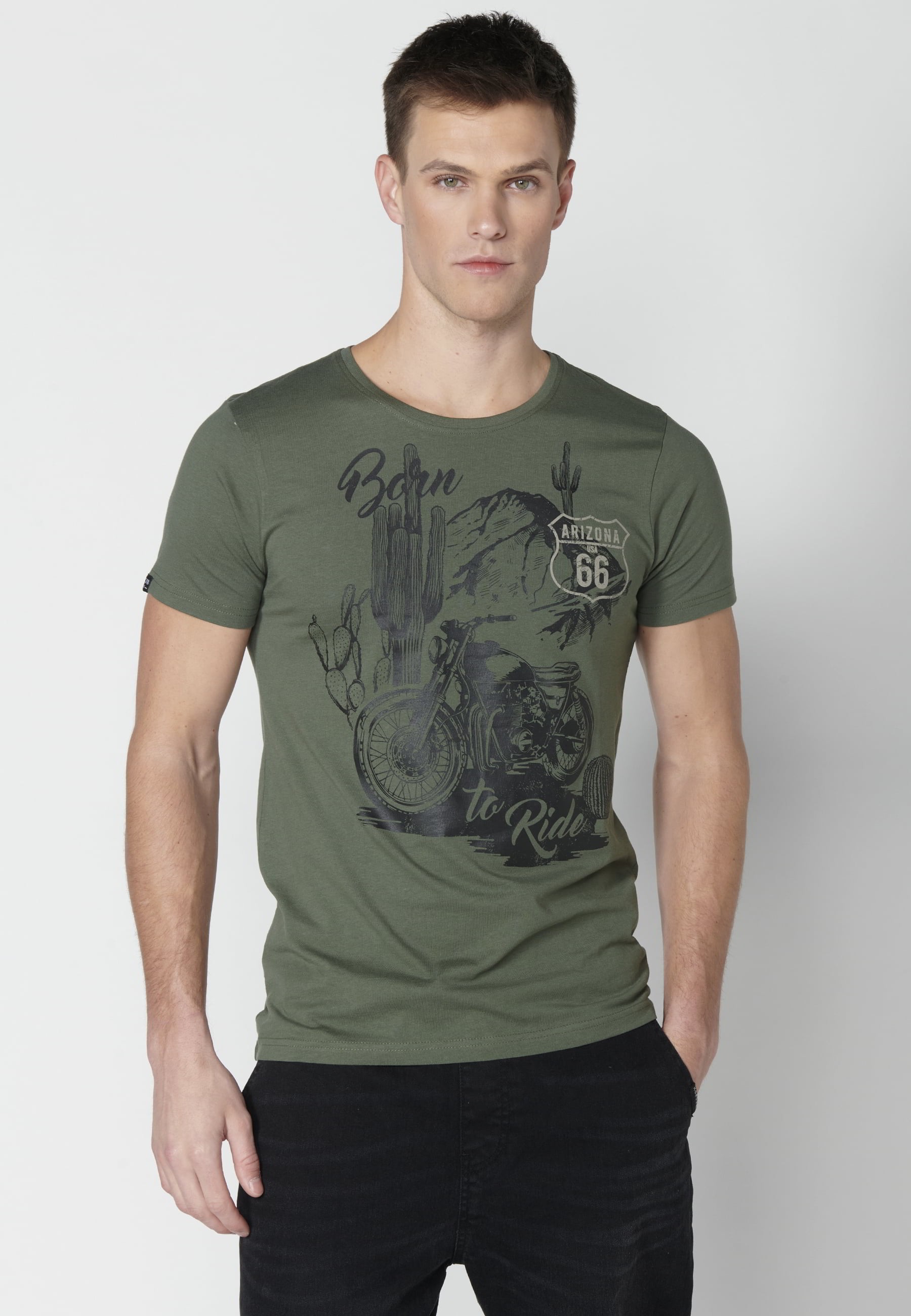 T-shirt Homme Kaki Imprimé Devant À Manches Courtes En Coton 4