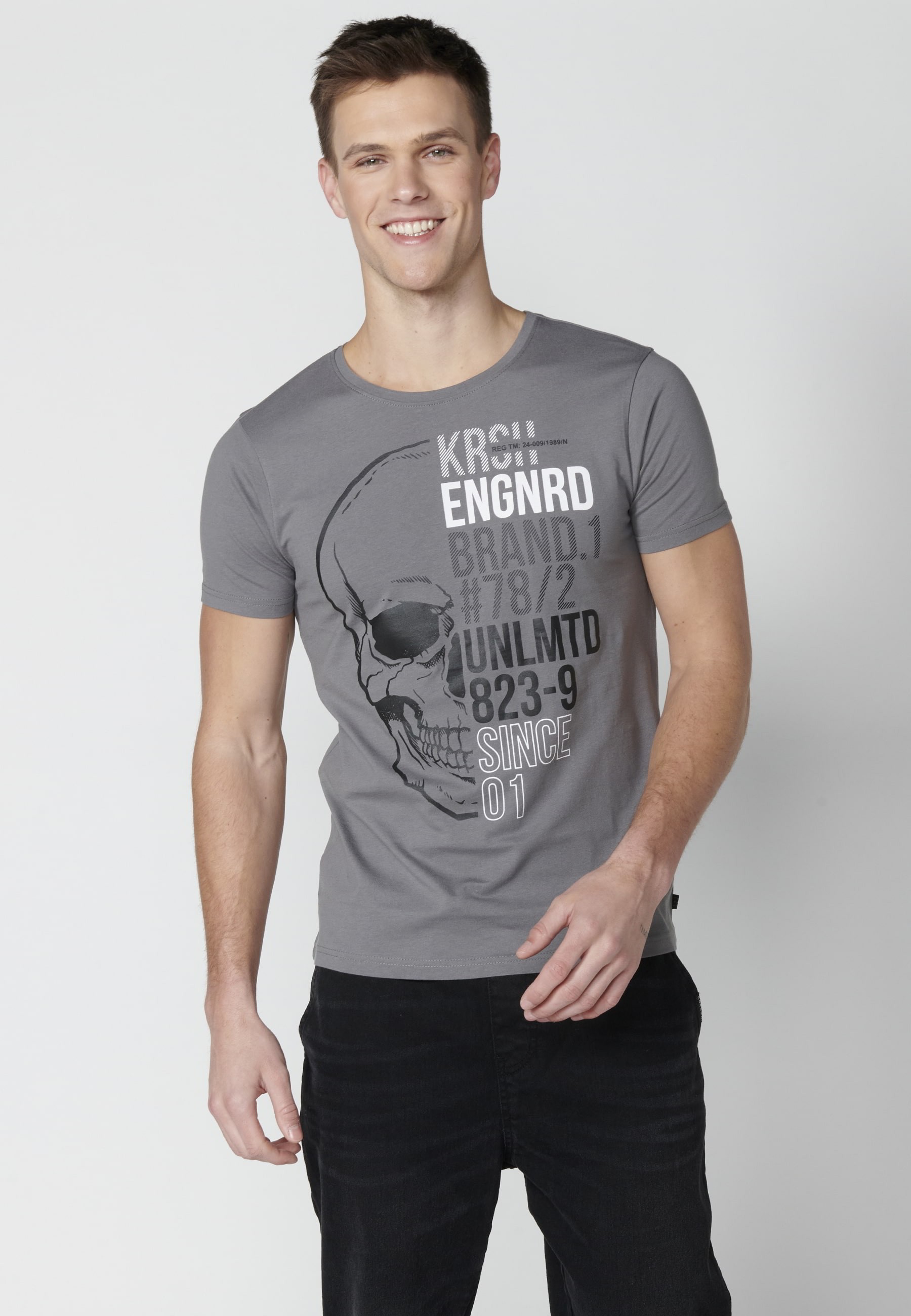 Graues Kurzarm-T-Shirt aus Baumwolle mit Frontdruck für Herren