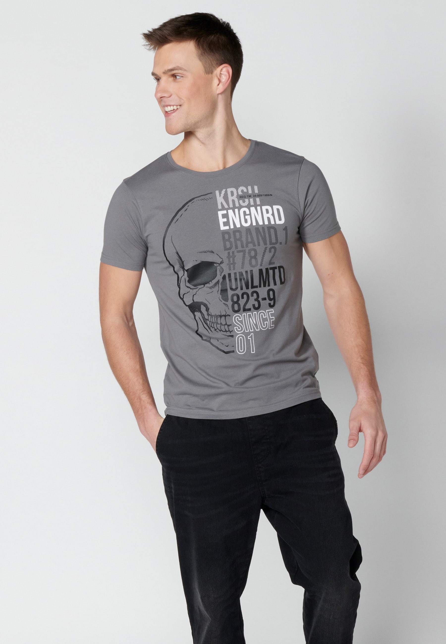 T-shirt gris à manches courtes en coton avec imprimé sur le devant pour Homme