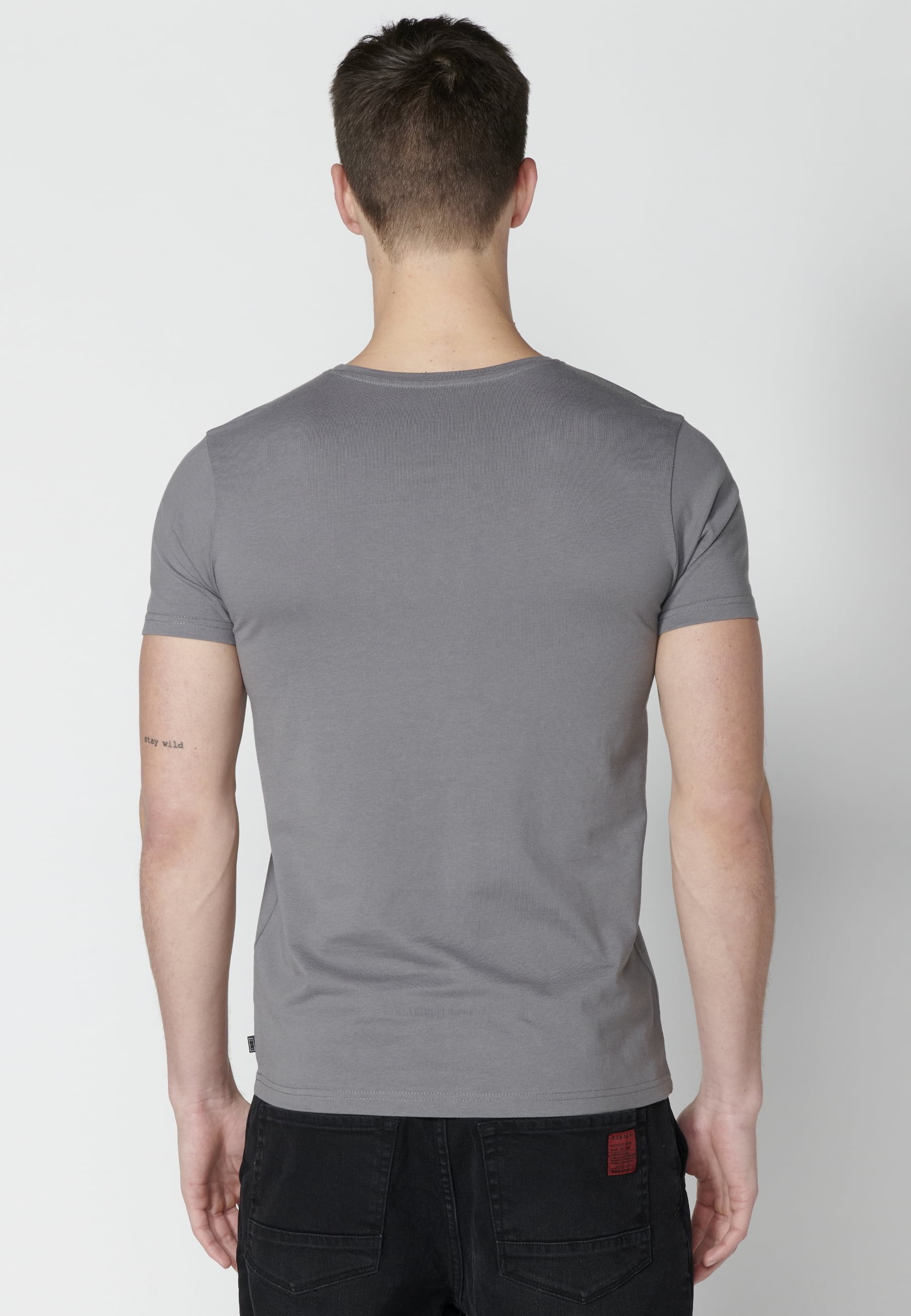 Gray short-sleeved Cotton T-shirt with front print for Men