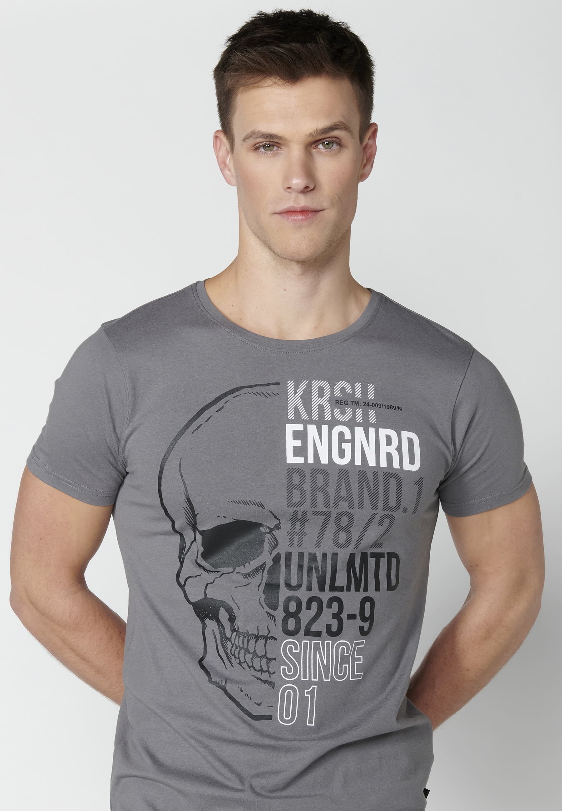 T-shirt gris à manches courtes en coton avec imprimé sur le devant pour Homme