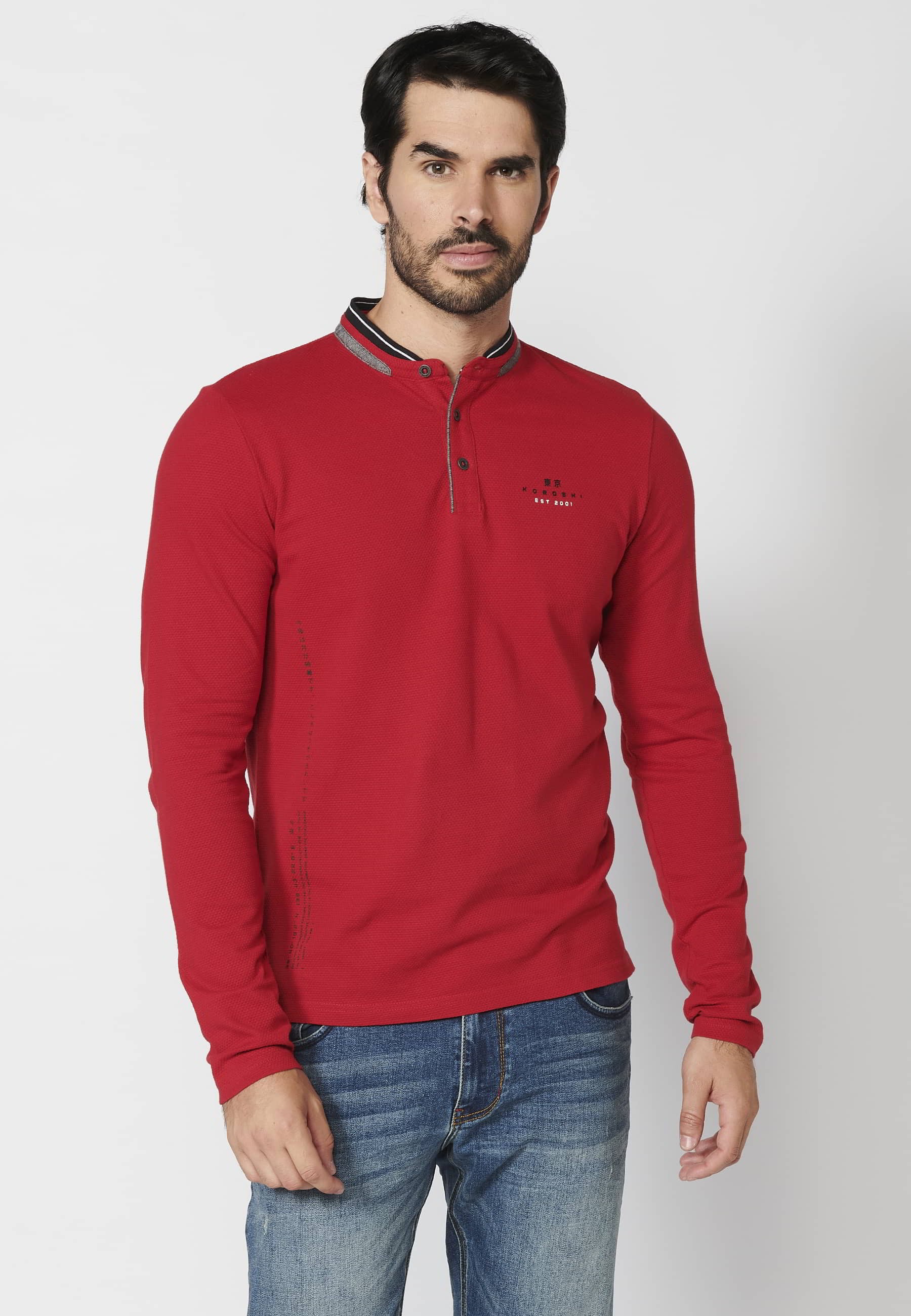 Polo de manga larga de algodón cuello redondo con abertura abotonada color rojo para hombre | Ropa Casual