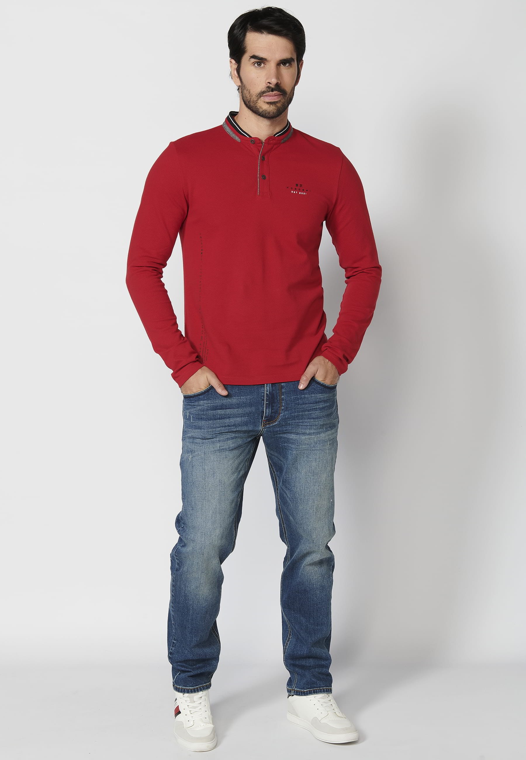 Polo de manga larga de algodón cuello redondo con abertura abotonada color rojo para hombre | Ropa Casual