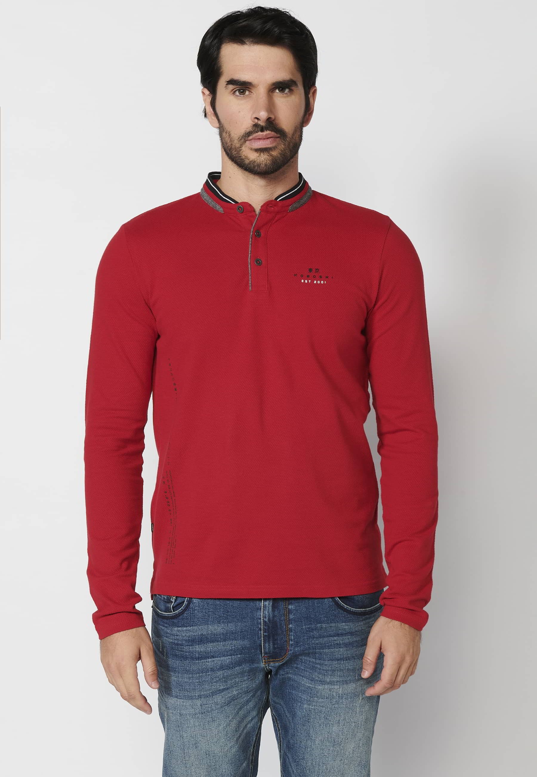 Polo de manga larga de algodón cuello redondo con abertura abotonada color rojo para hombre | Ropa Casual