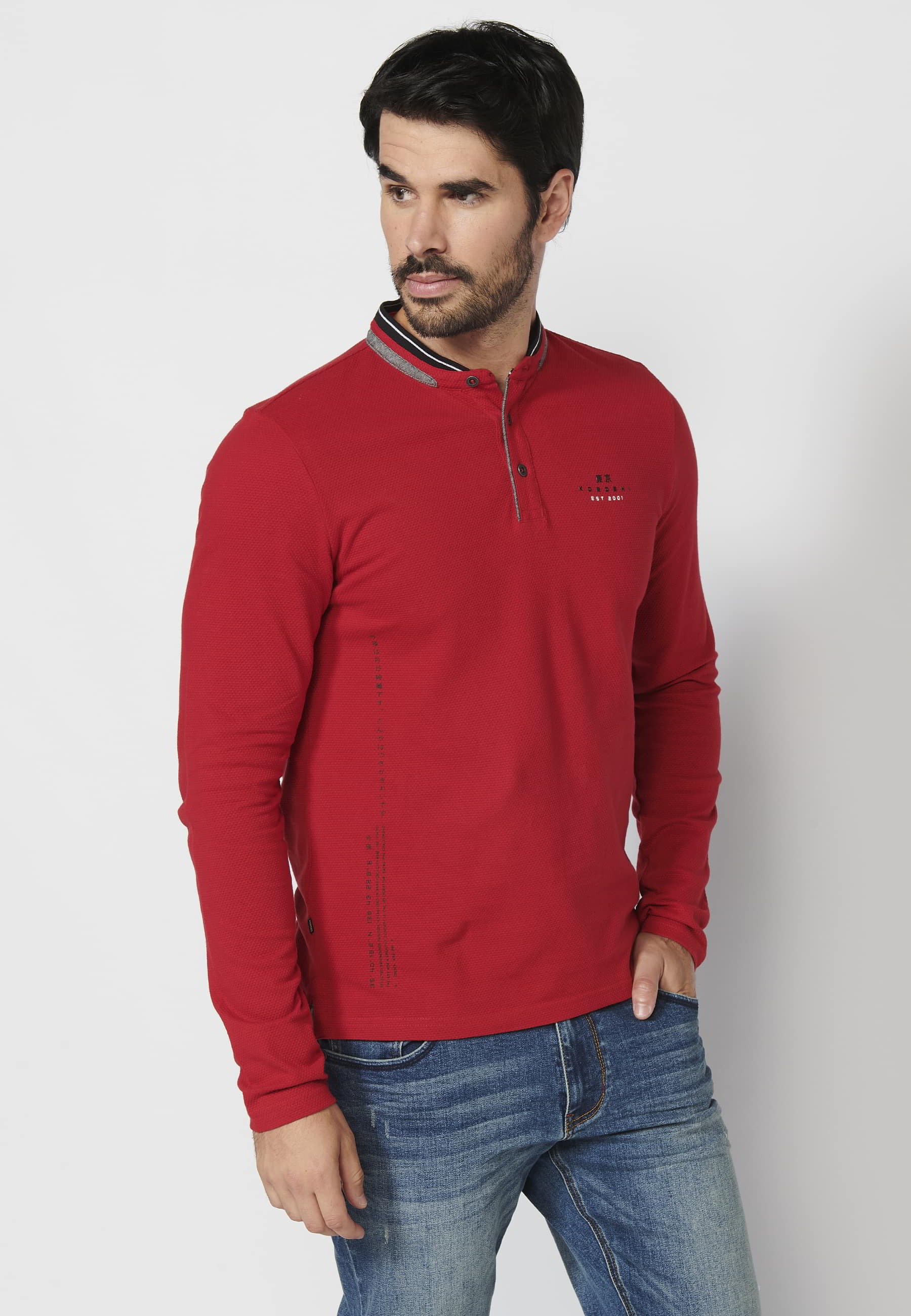 Polo de manga larga de algodón cuello redondo con abertura abotonada color rojo para hombre | Ropa Casual