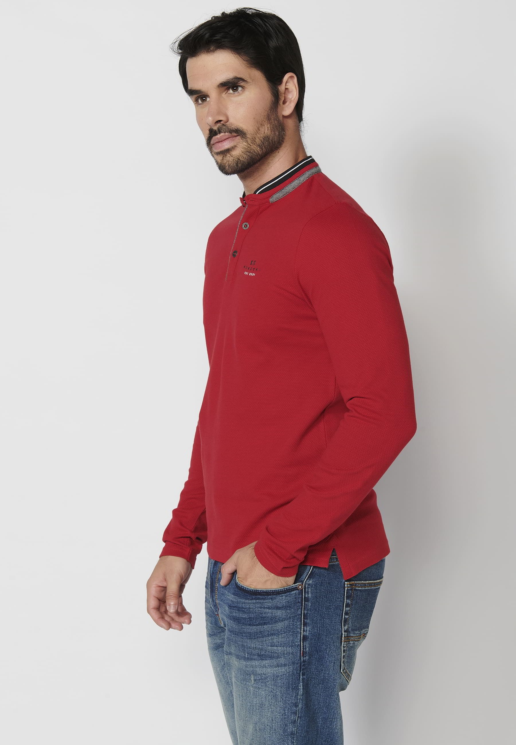 Polo de manga larga de algodón cuello redondo con abertura abotonada color rojo para hombre | Ropa Casual