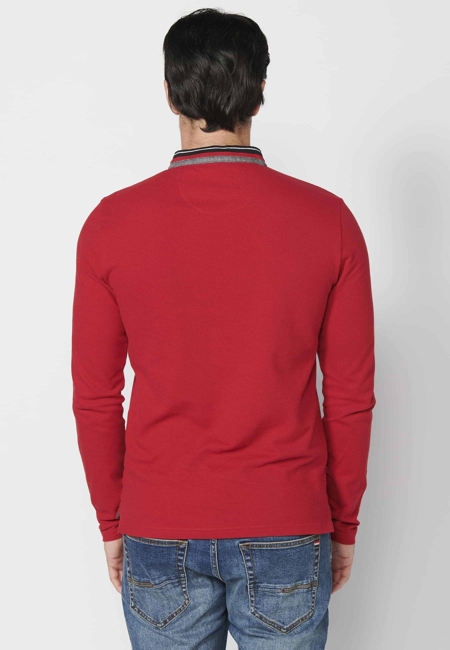 Polo de manga larga de algodón cuello redondo con abertura abotonada color rojo para hombre | Ropa Casual